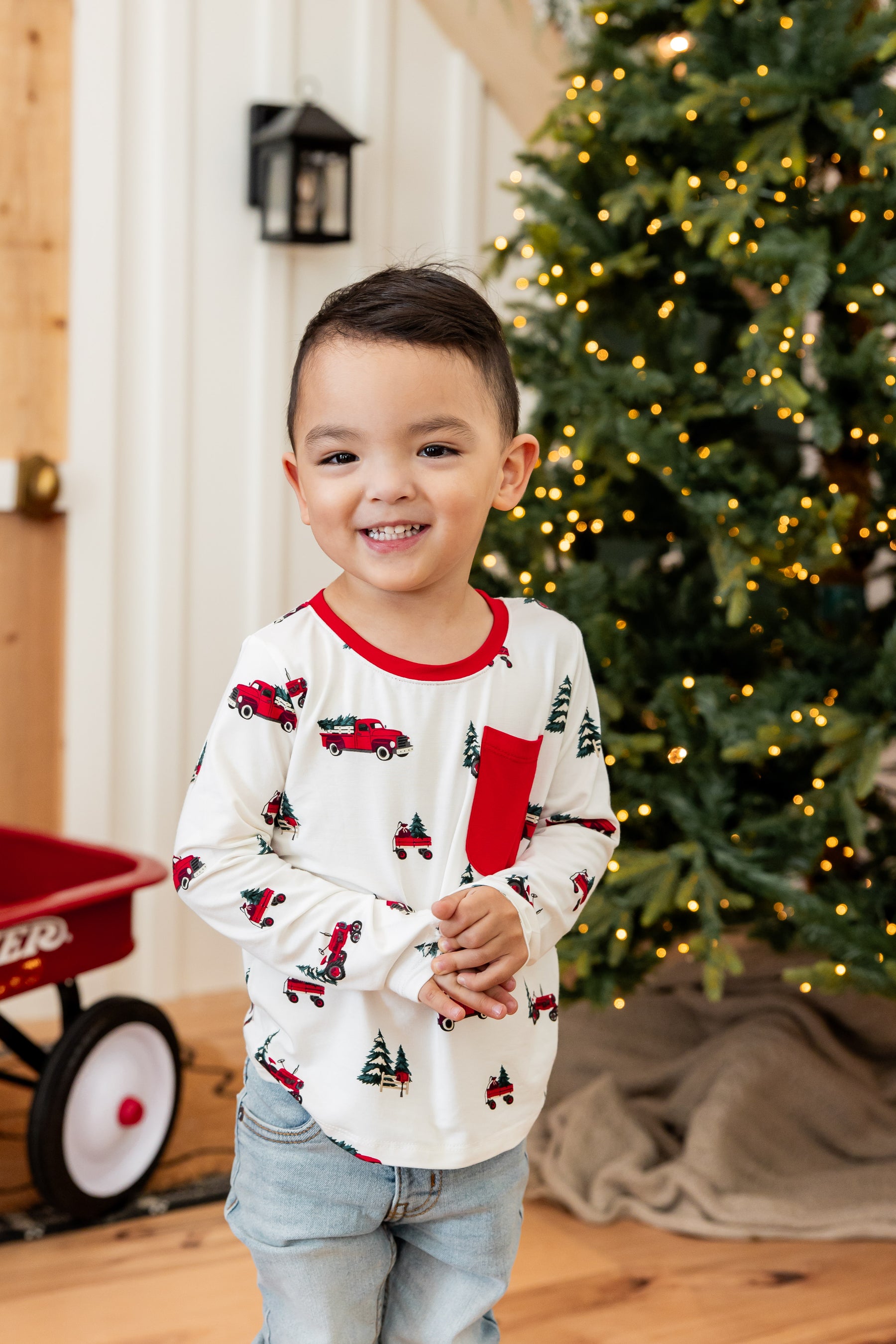 Long Sleeve Toddler Crew Neck Tee in Holiday Tree Farm