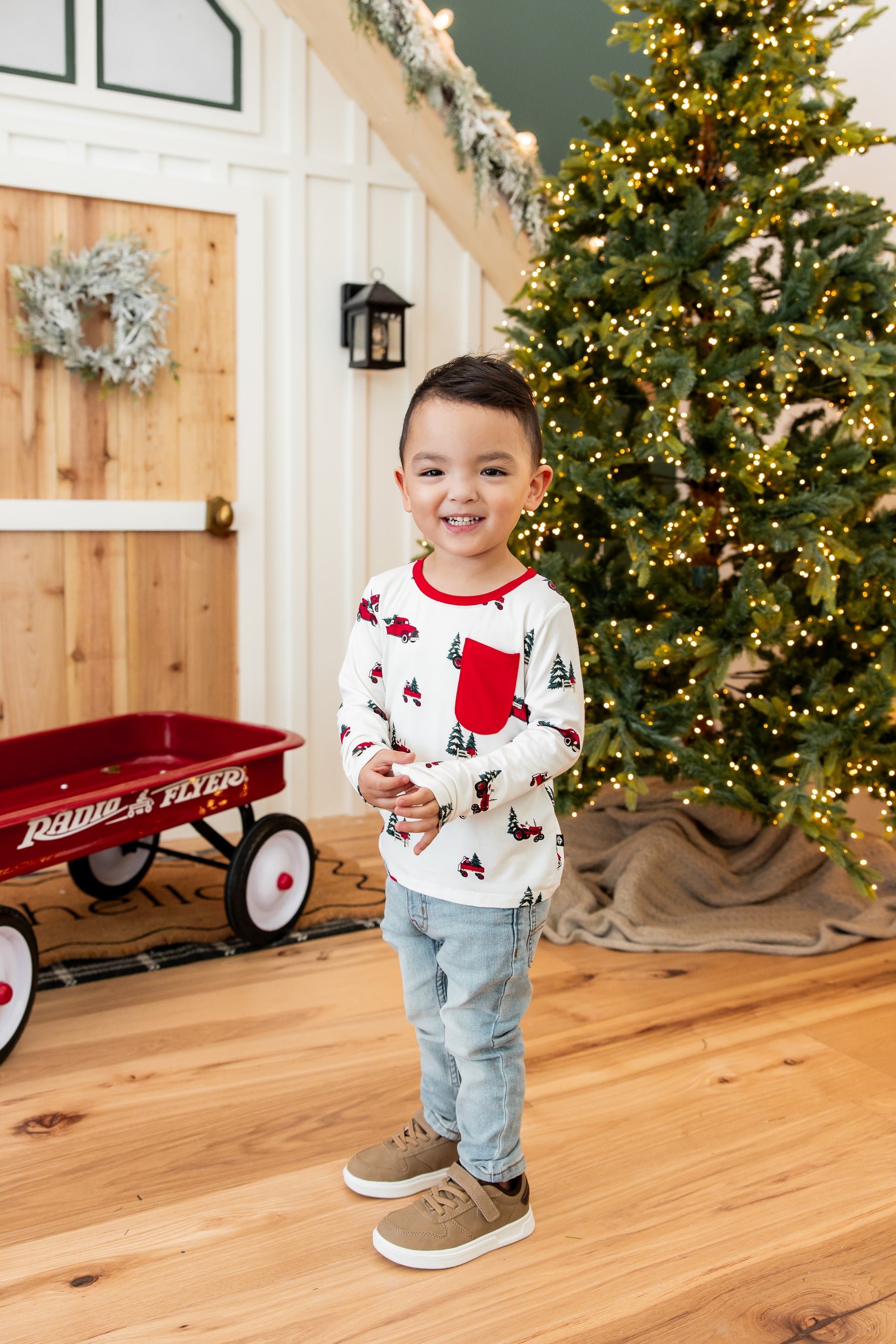 Long Sleeve Toddler Crew Neck Tee in Holiday Tree Farm
