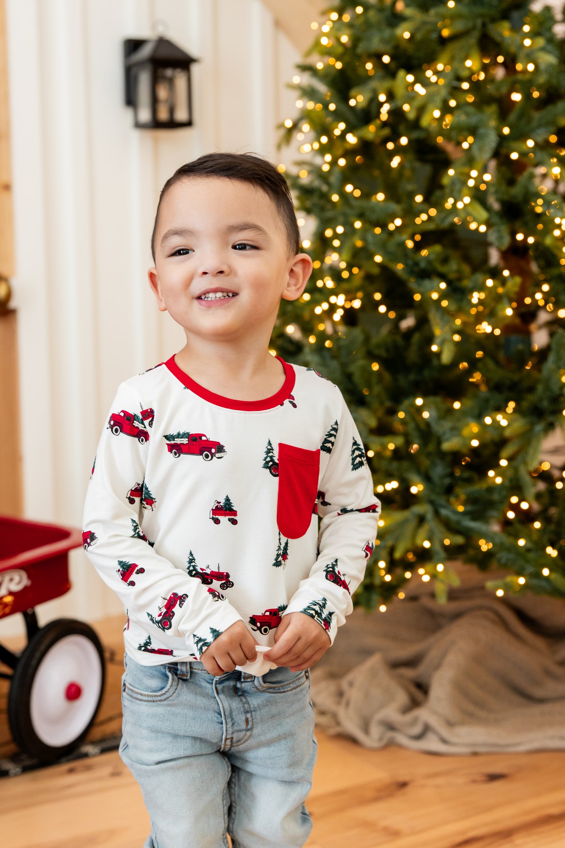 Long Sleeve Toddler Crew Neck Tee in Holiday Tree Farm