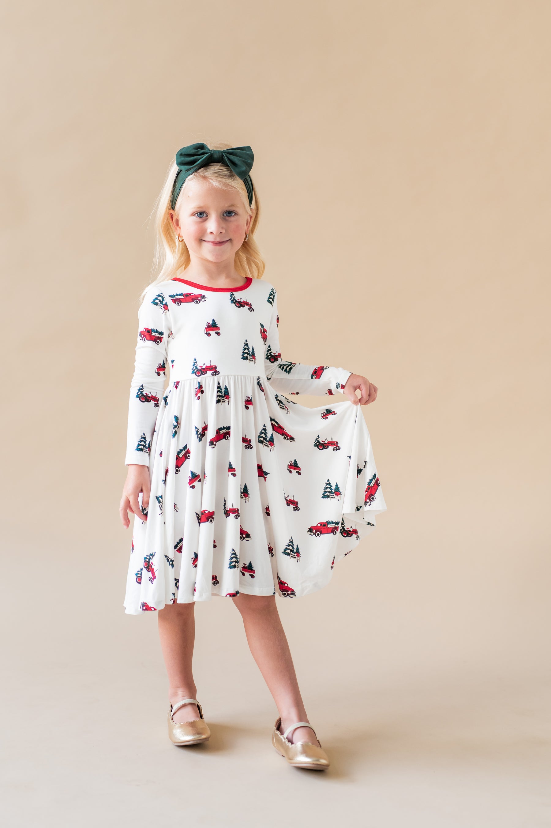 Long Sleeve Twirl Dress in Holiday Tree Farm