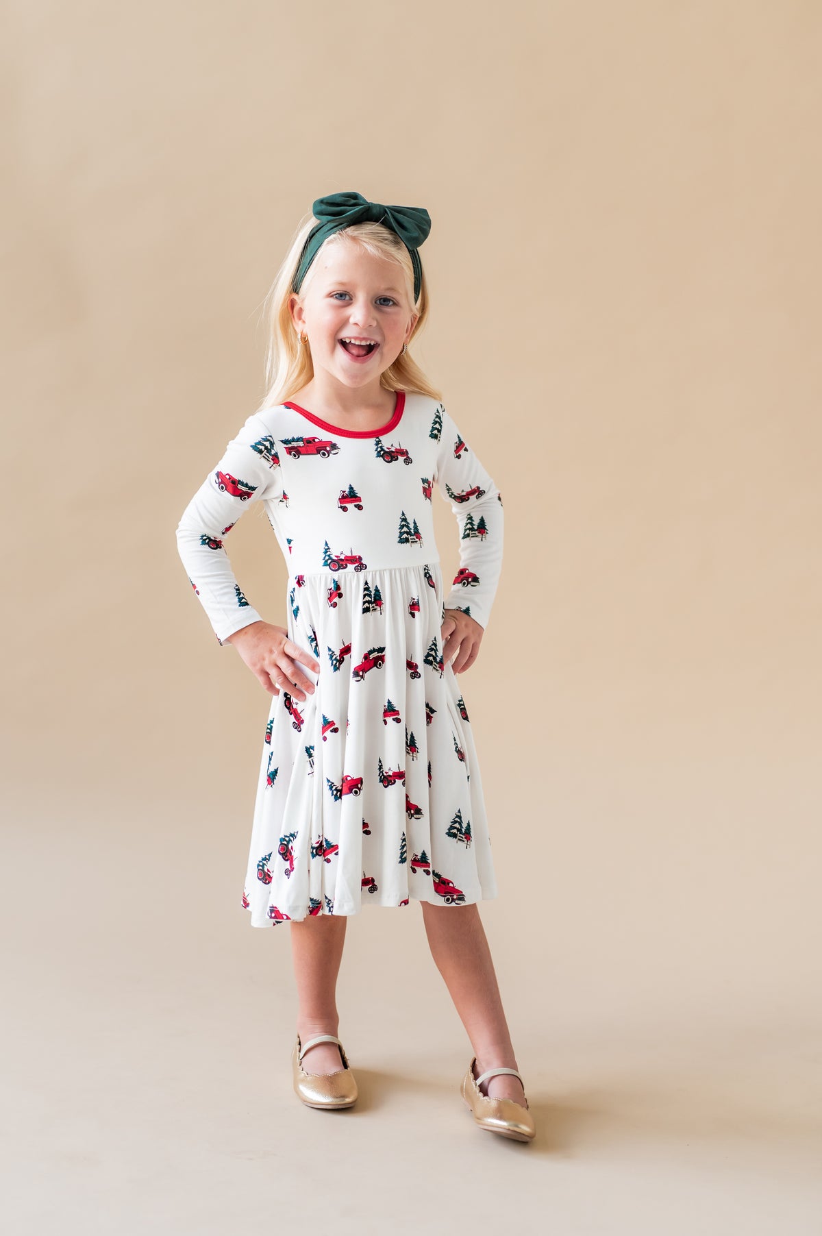 Long Sleeve Twirl Dress in Holiday Tree Farm