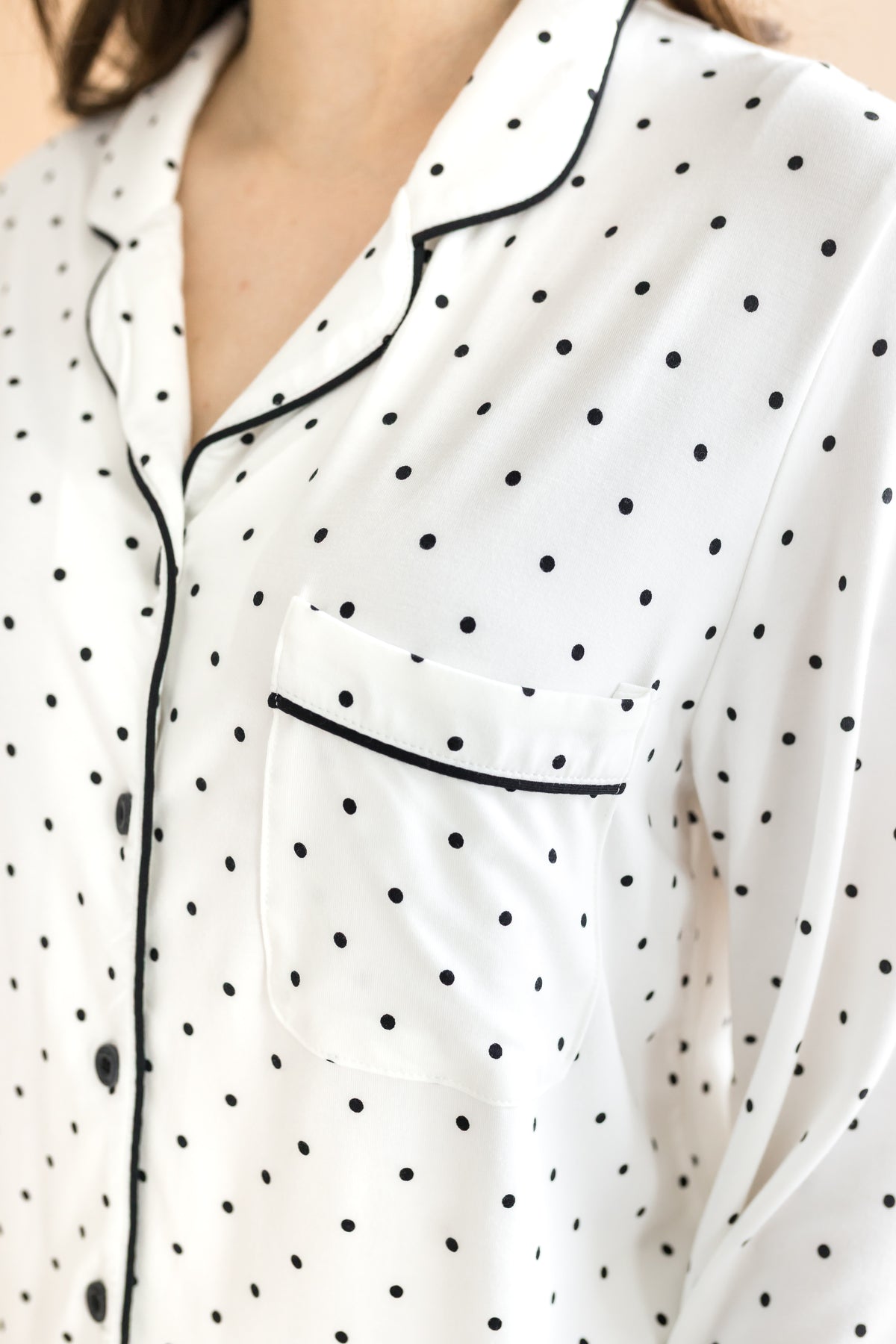 Women's long sleeve pajama set shirt with pocket in Midnight Polka dot print