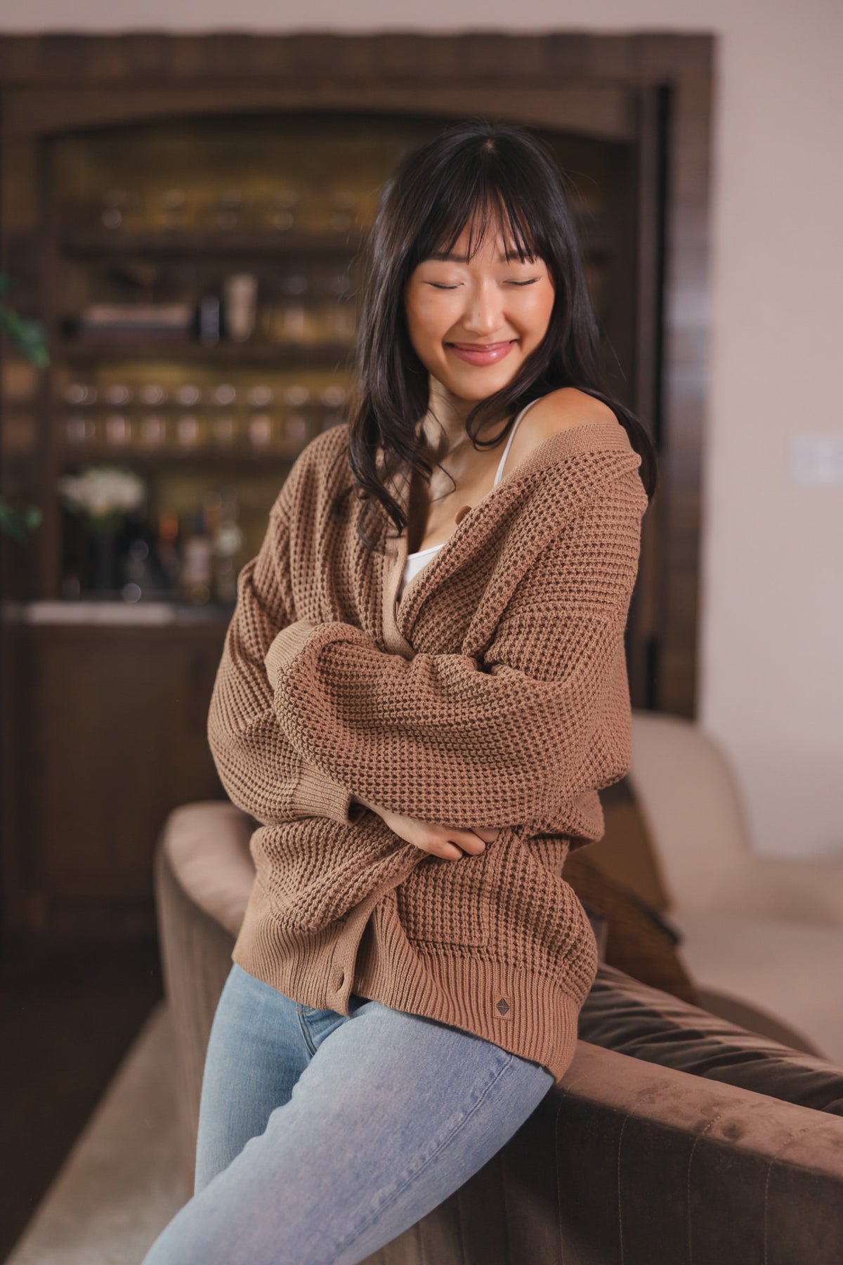 Chunky Knit Women's Waffle Cardigan in Latte