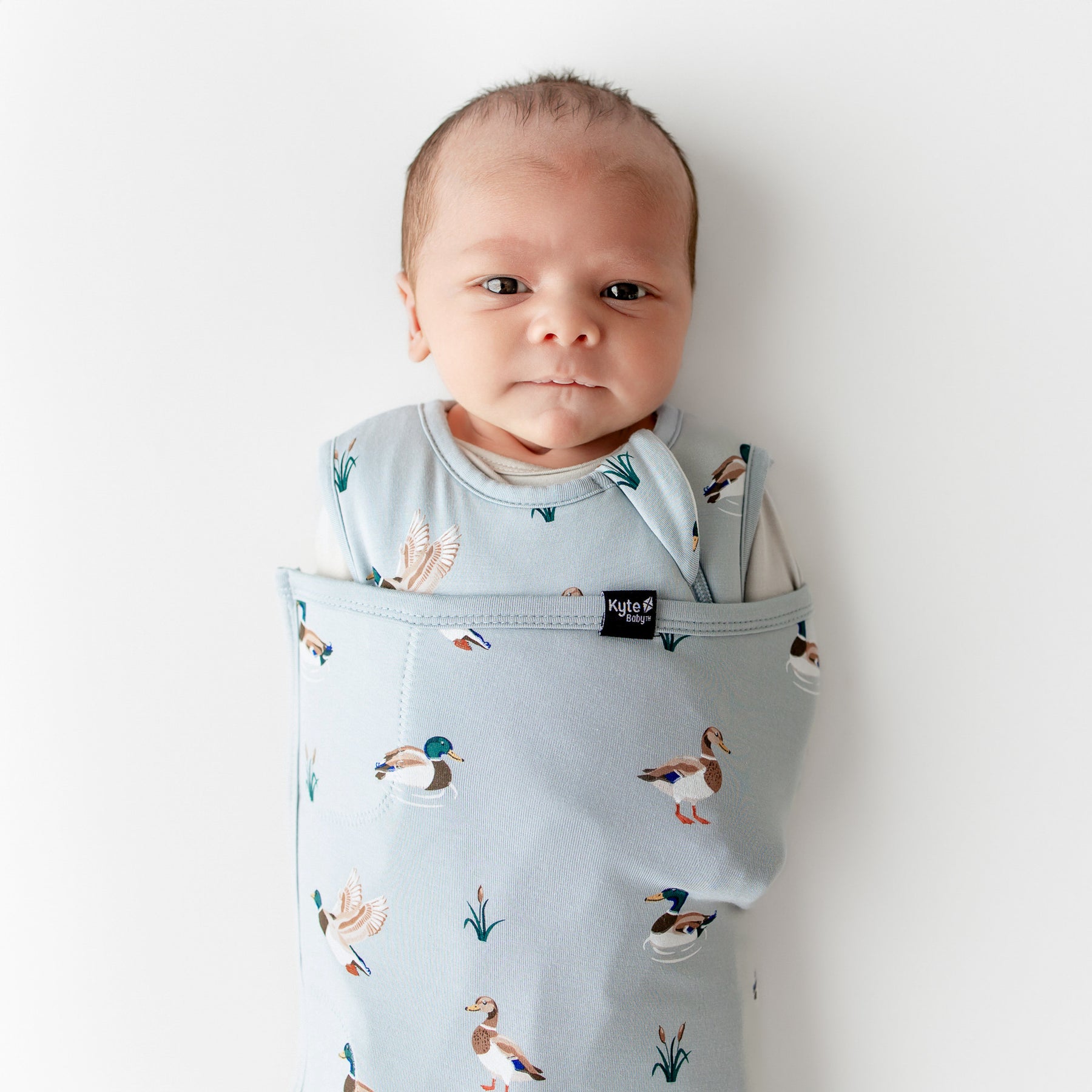 Close up of newborn swaddled in the Sleep Bag Swaddler in Mallard Duck 