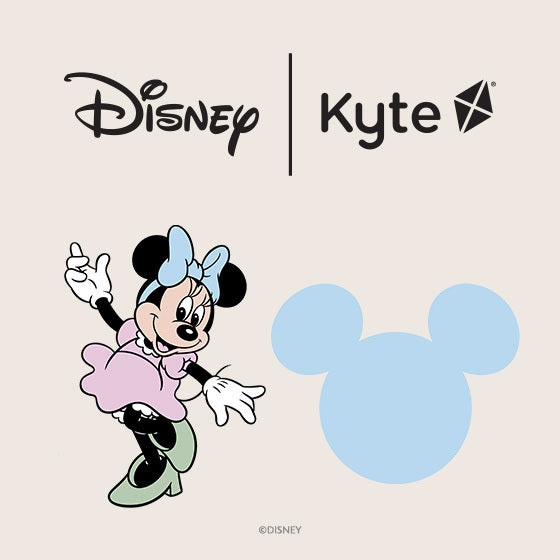Collaboration between Disney and Kyte on a light pink background with cartoon character and logo.