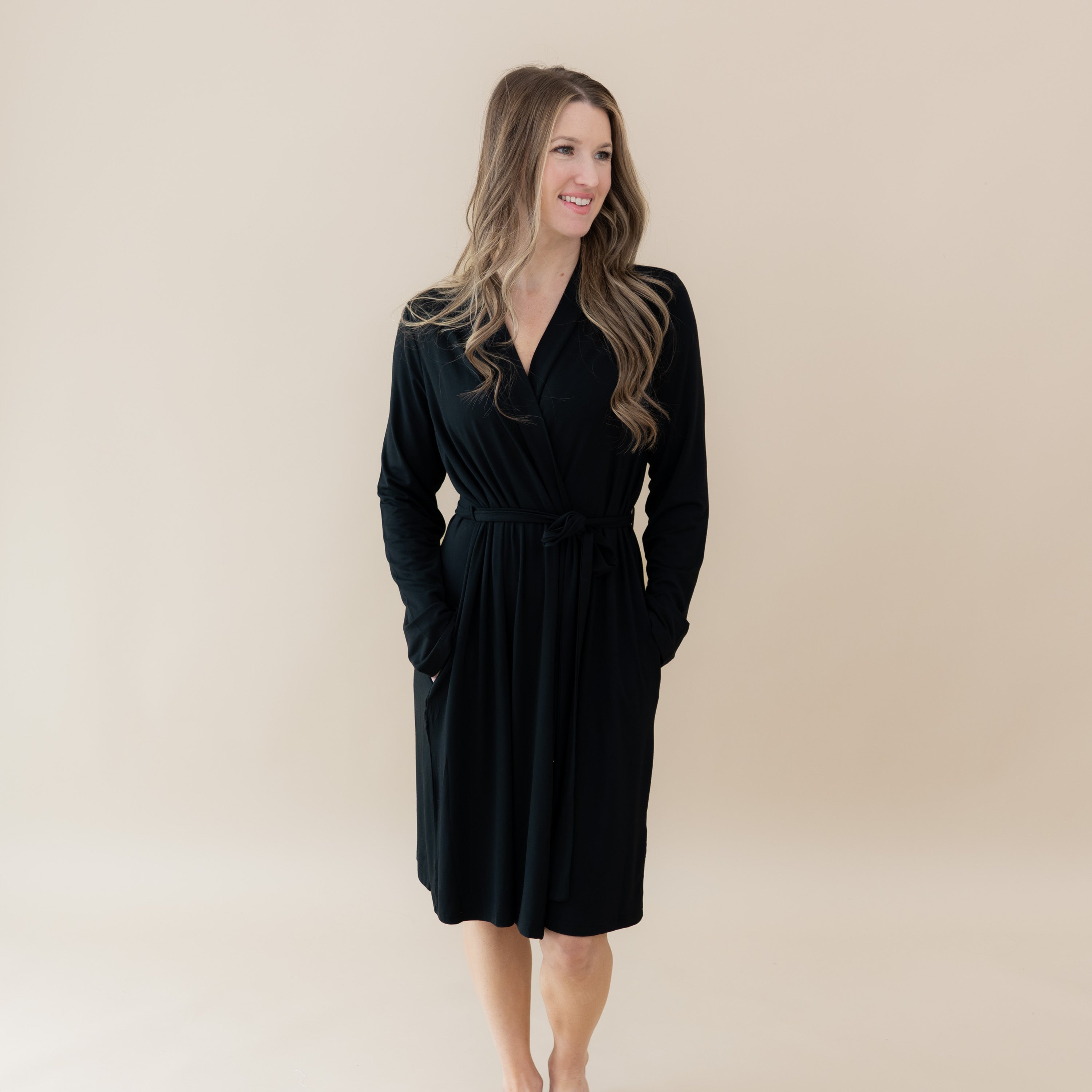 Woman modeling Women’s Lounge Robe in Midnight
