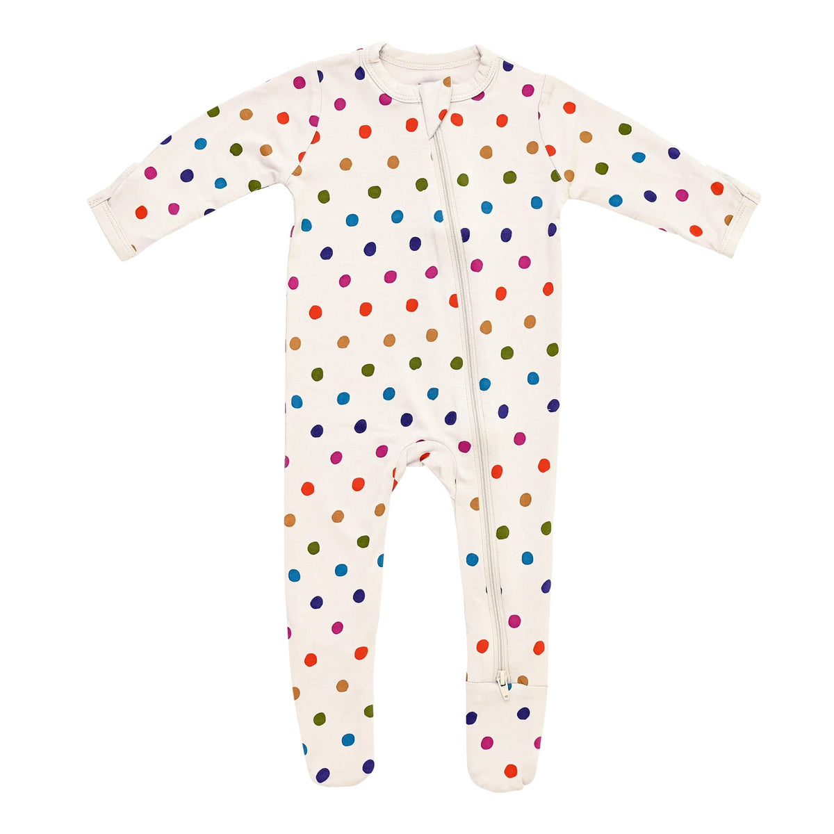 zippered footie in oat polka dot