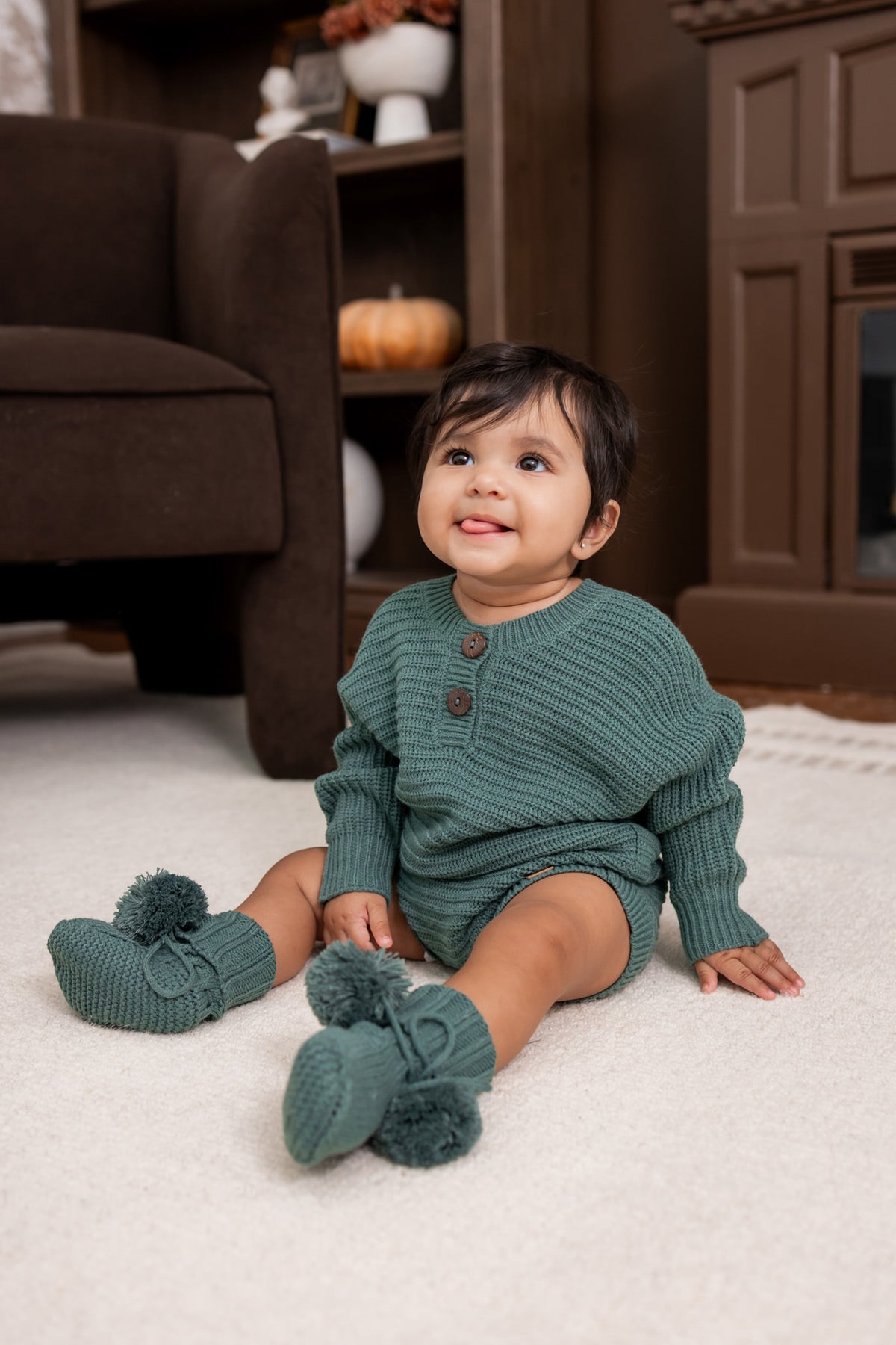 Chunky Knit Romper Set with Beanie & Booties in Pine