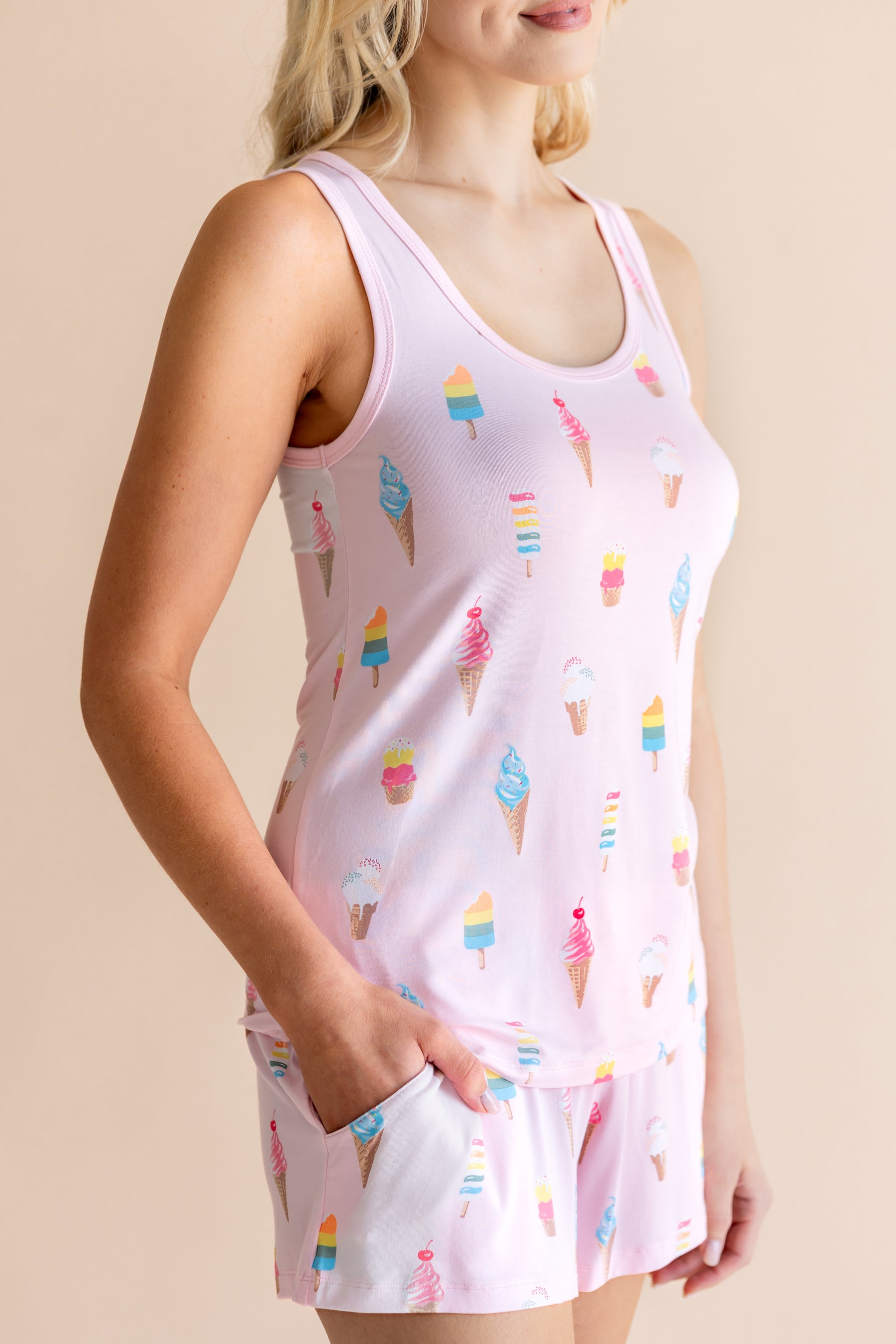 Model wearing Women's Tank Set with pockets in Sakura Ice Cream print on beige background