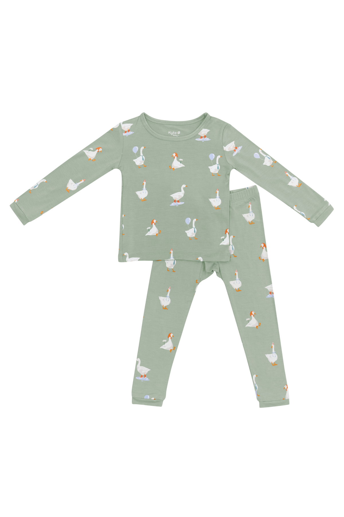 long sleeve toddler pajama set with a silly goose pattern