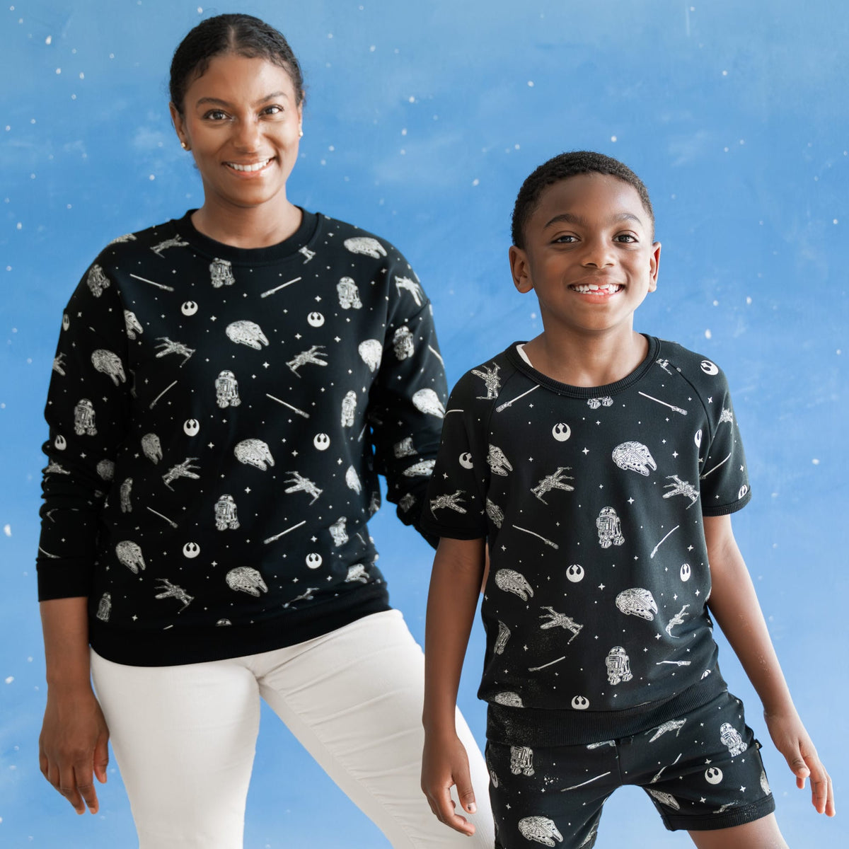 Mom and son wearing matching star wars printed kyte baby daywear