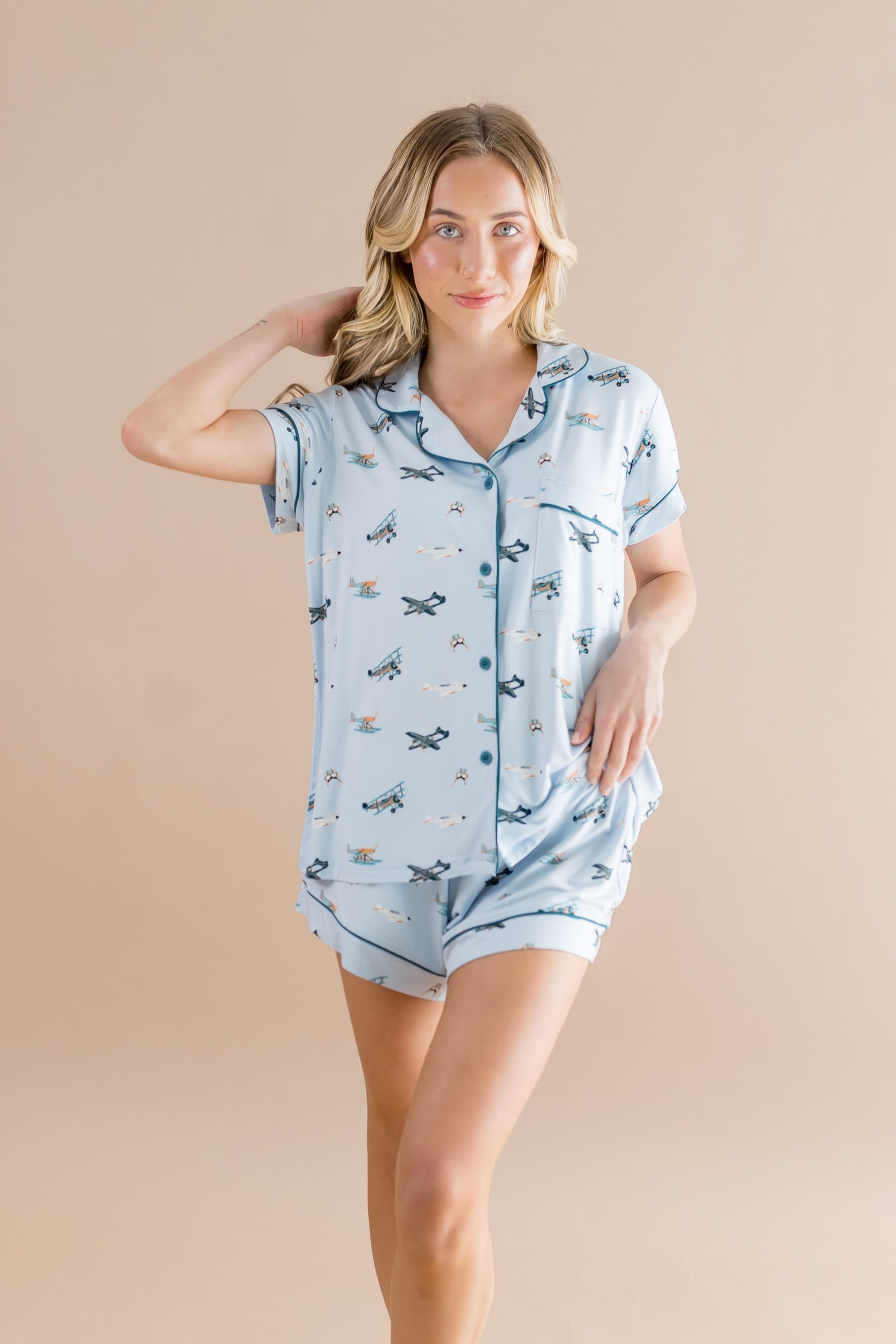 Female modeling the Women's Short Sleeve Pajama Set in Take Off