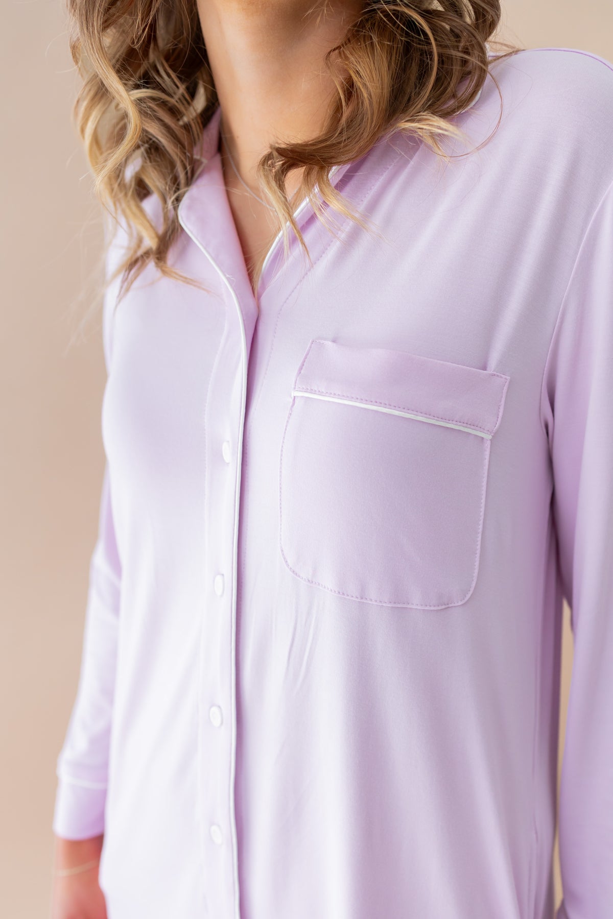 Close up of the chest pocket and button closures on the Long Sleeve Women’s Nightshirt in Thistle