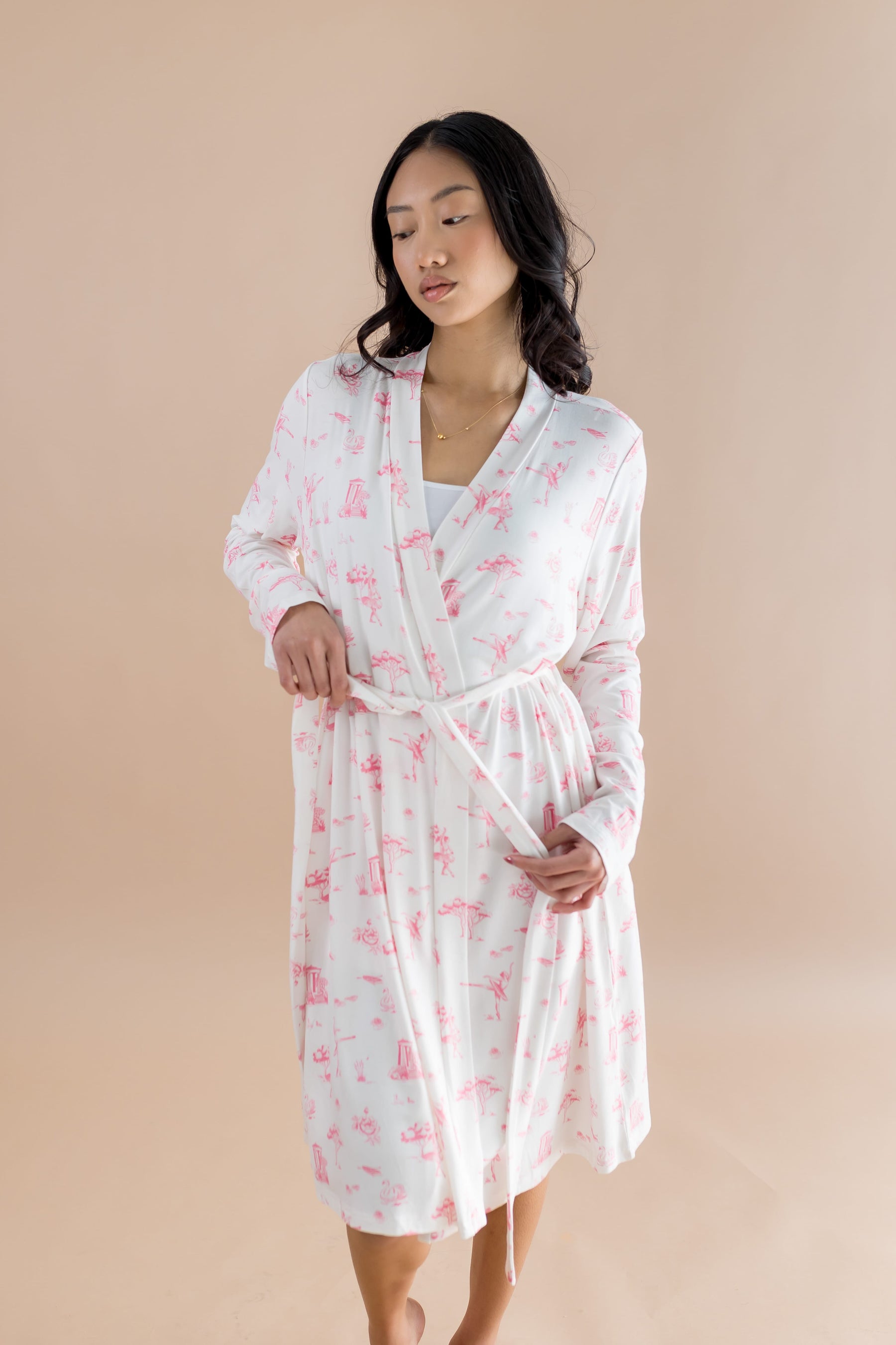 Female modeling the Women's Lounge Robe in Toile Ballet