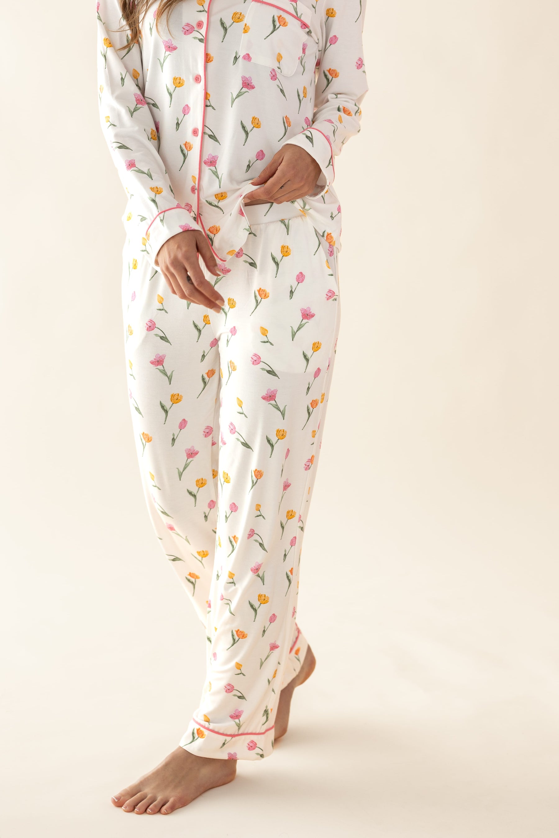 The pants of the Long Sleeve Women’s Nightshirt in Tulip shown on a model