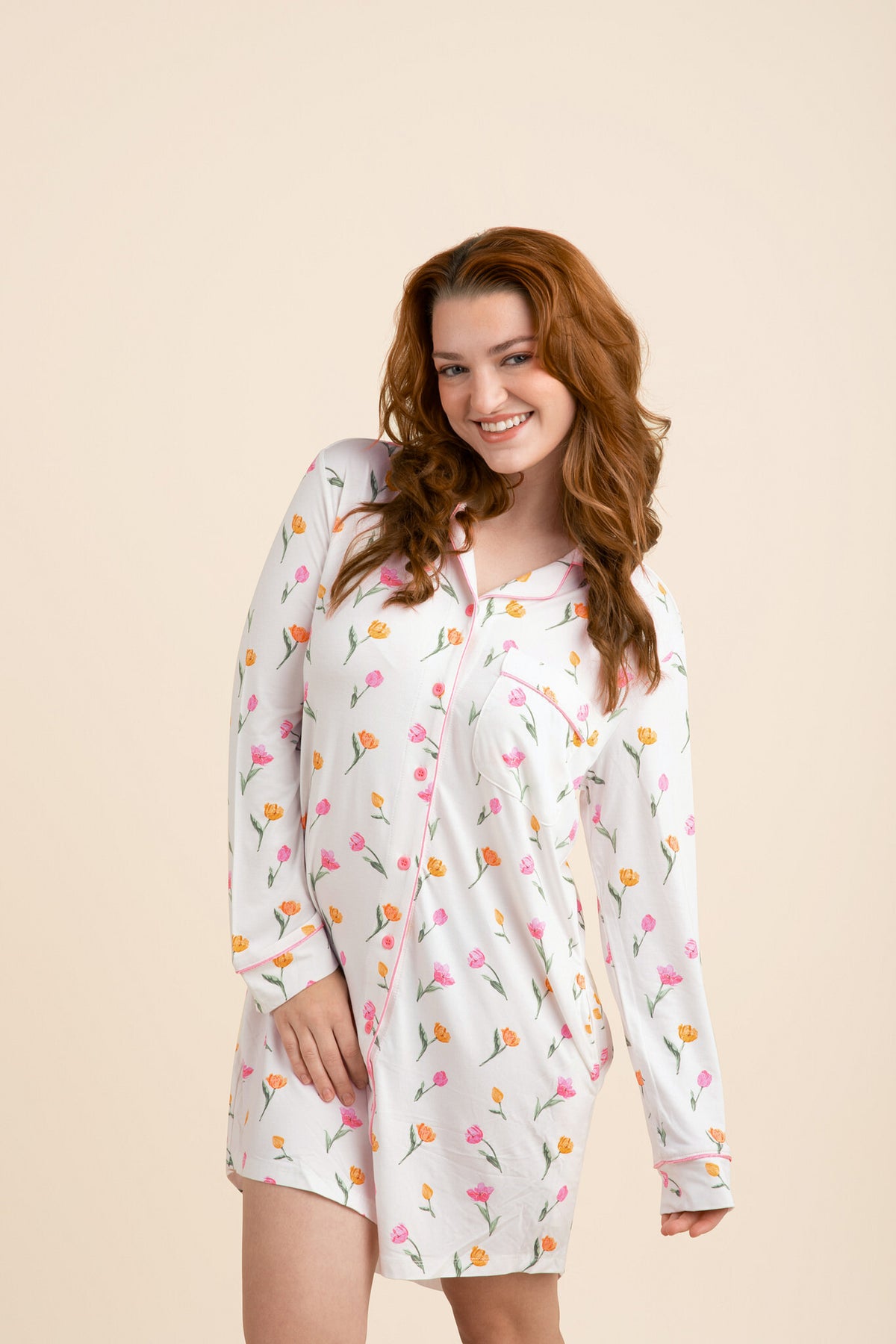 Female modeling the Long Sleeve Women’s Nightshirt in Tulip