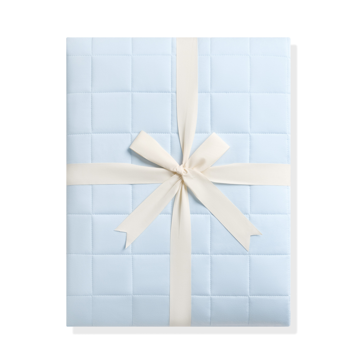 light blue adult queen sized blanket folded and wrapped with bow
