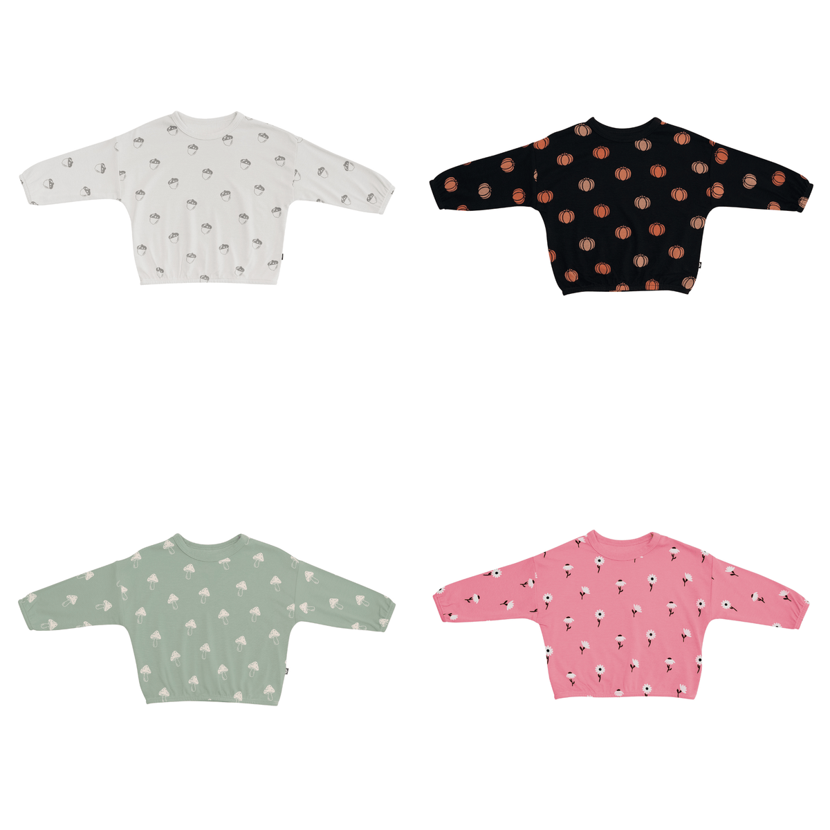 acorn, pumpkin, mushroom and daisy drop shoulder tops