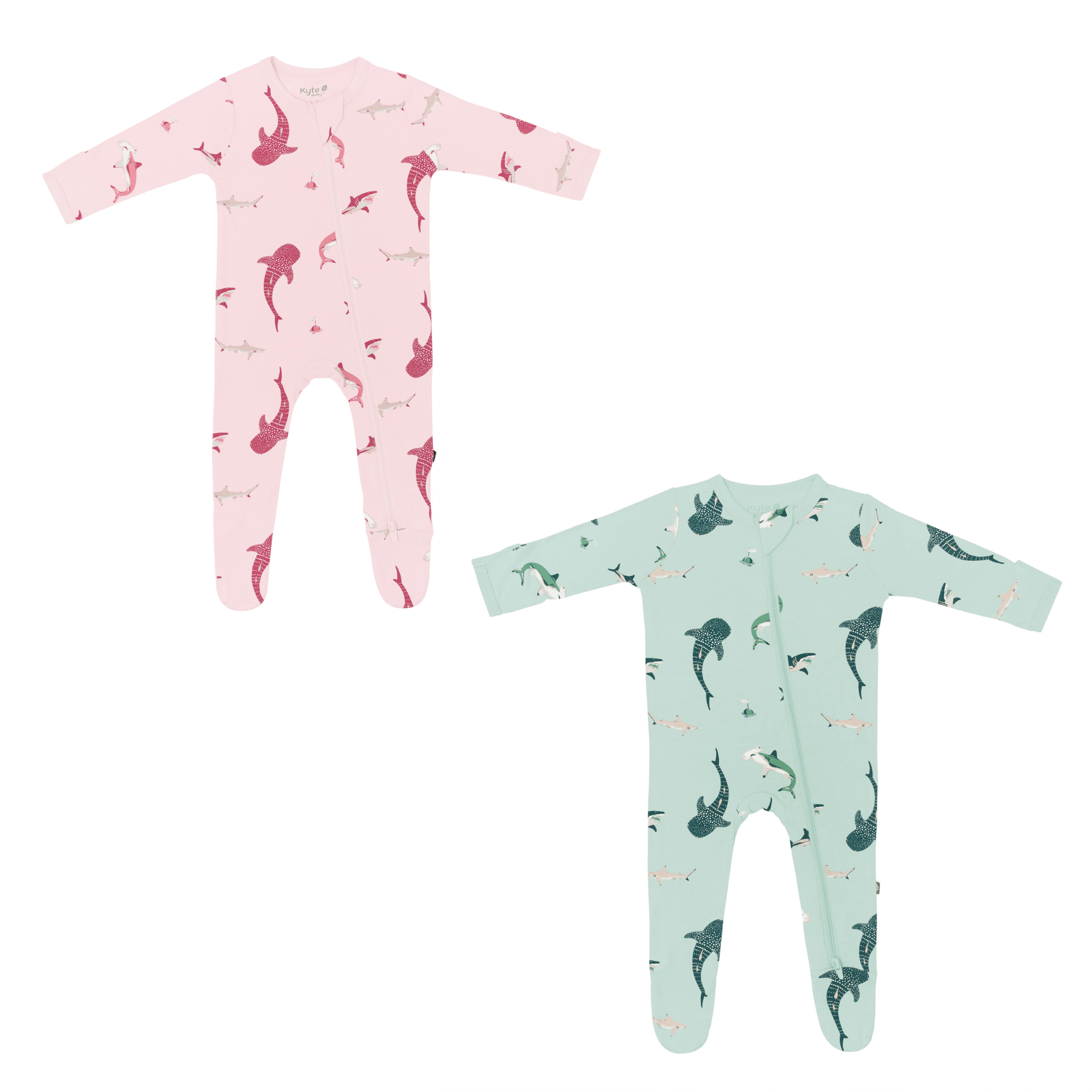 zippered footies in blush shark and sage shark