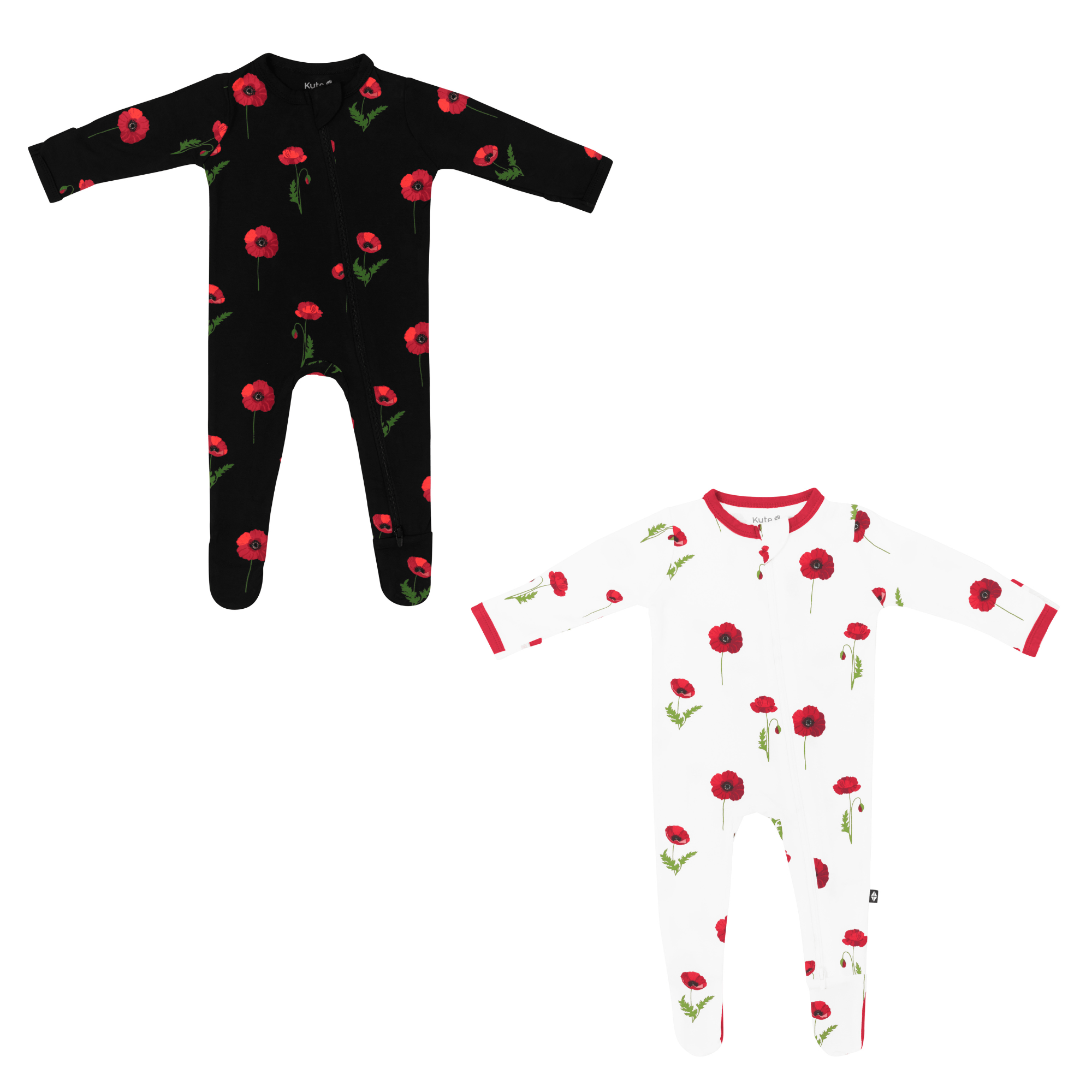 zippered footies in cloud and midnight poppies