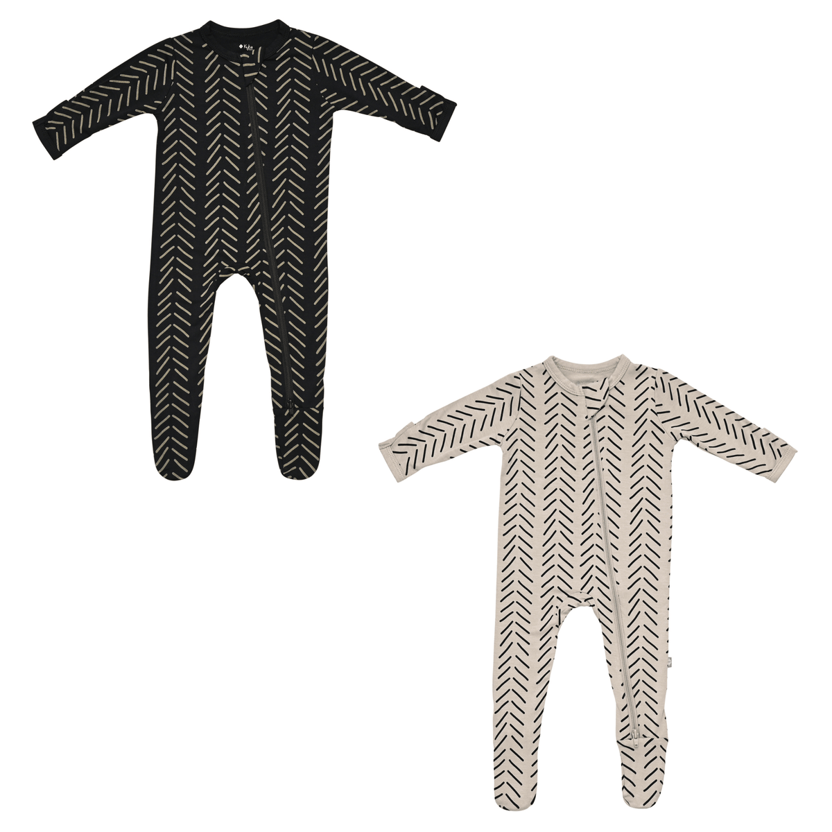 zippered footie in midnight and khaki herringbone
