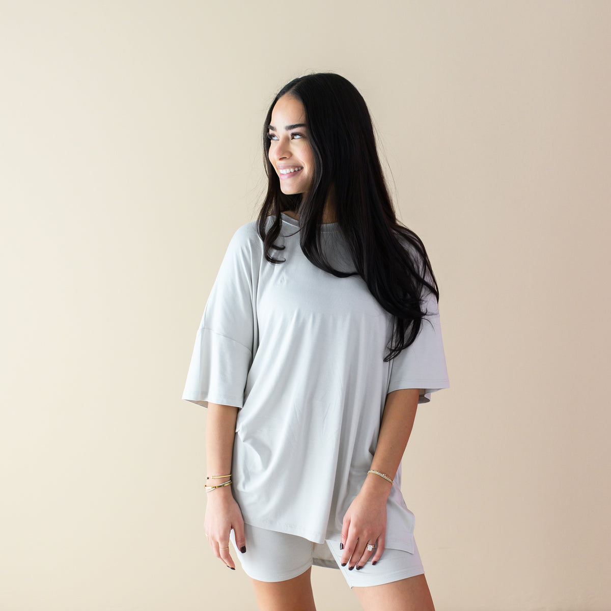 Woman wearing Women’s Biker Short Set with Oversized Tee in Oat