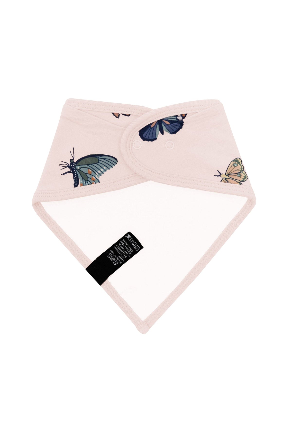 Back of the Bib in Blush Butterfly showing the snap closures and bamboo terry cloth lining
