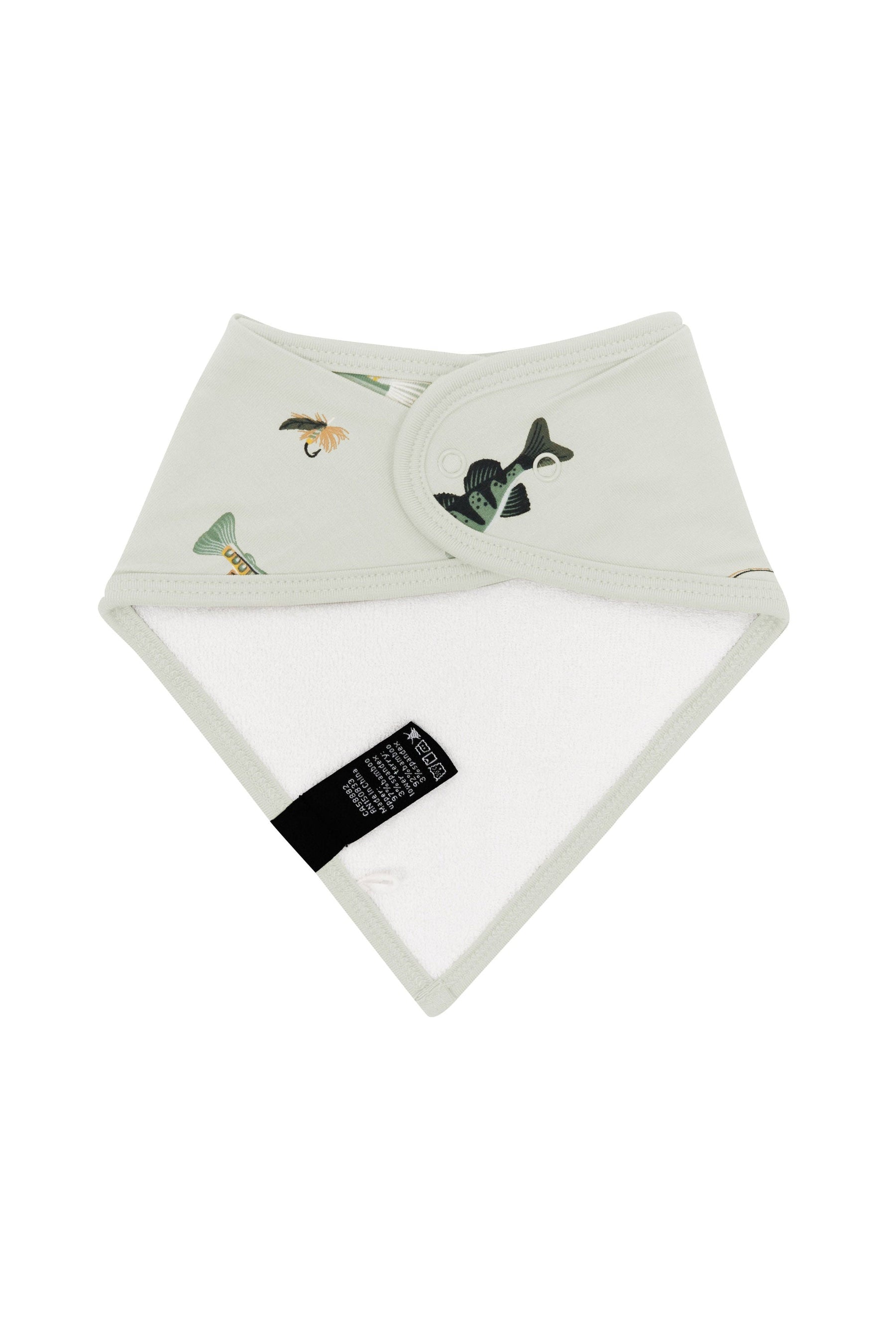 The back of the Bib in Fishing showing the snap closures and bamboo terry cloth backing