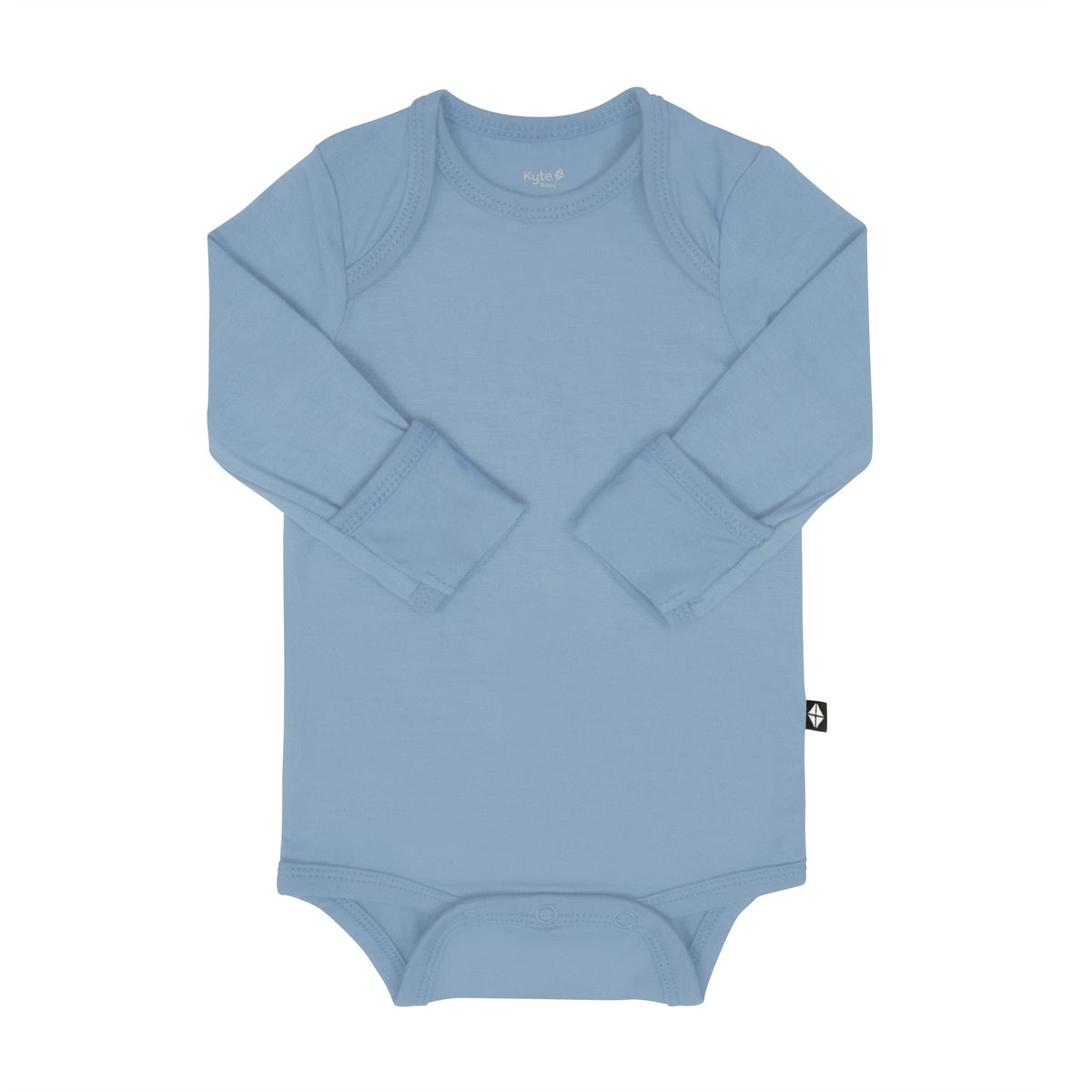 Kyte Baby Long Sleeve Bodysuit in Slate with arms folded inwards and fold over cuffs displayed