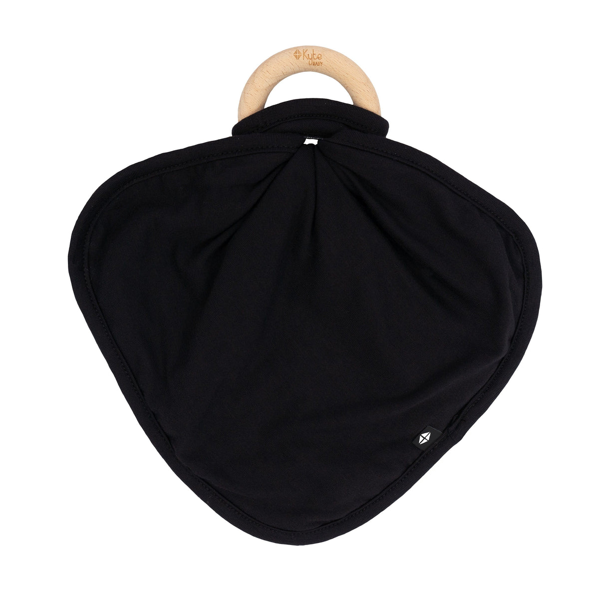Flat lay of Kyte Baby Lovey Midnight  with Removable Wooden Teething Ring