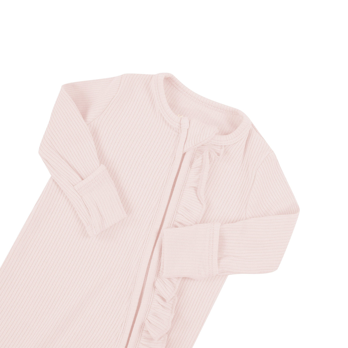 Fold-over cuffs on Kyte Baby Ribbed Ruffle Zippered Footie in Blush pink