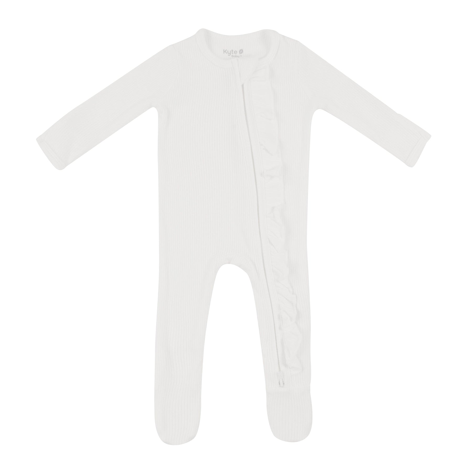 Kyte Baby Ribbed Ruffle Zipper Footie in Cloud