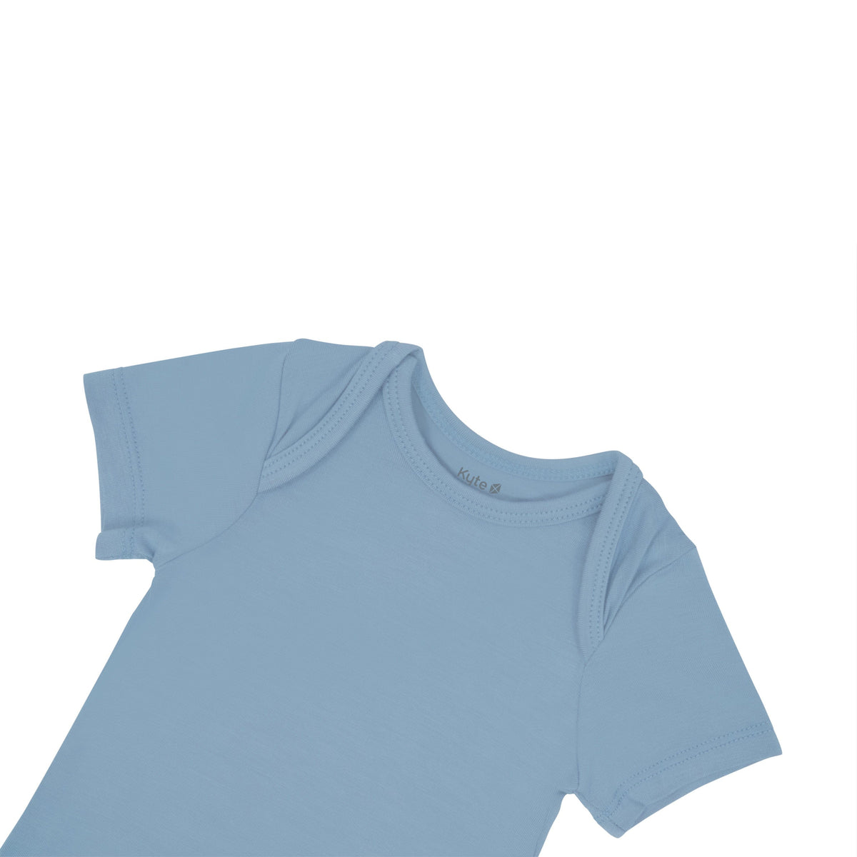 Close up of top portion of  Kyte Baby Short Sleeve Bodysuit in Slate 