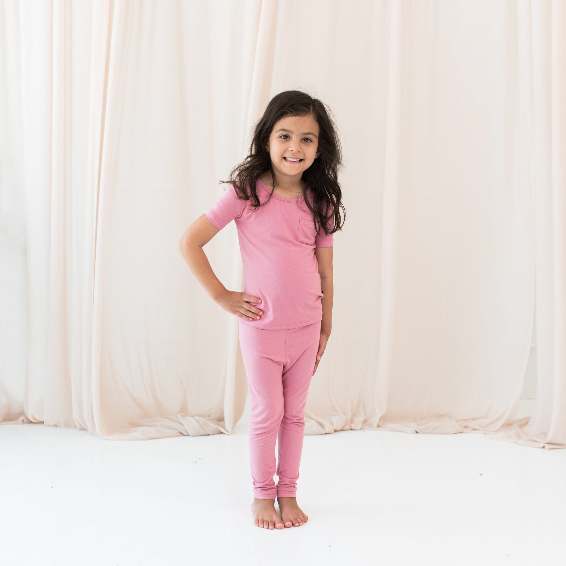 Girl wearing Short Sleeve with Pants Pajamas in Apple Blossom