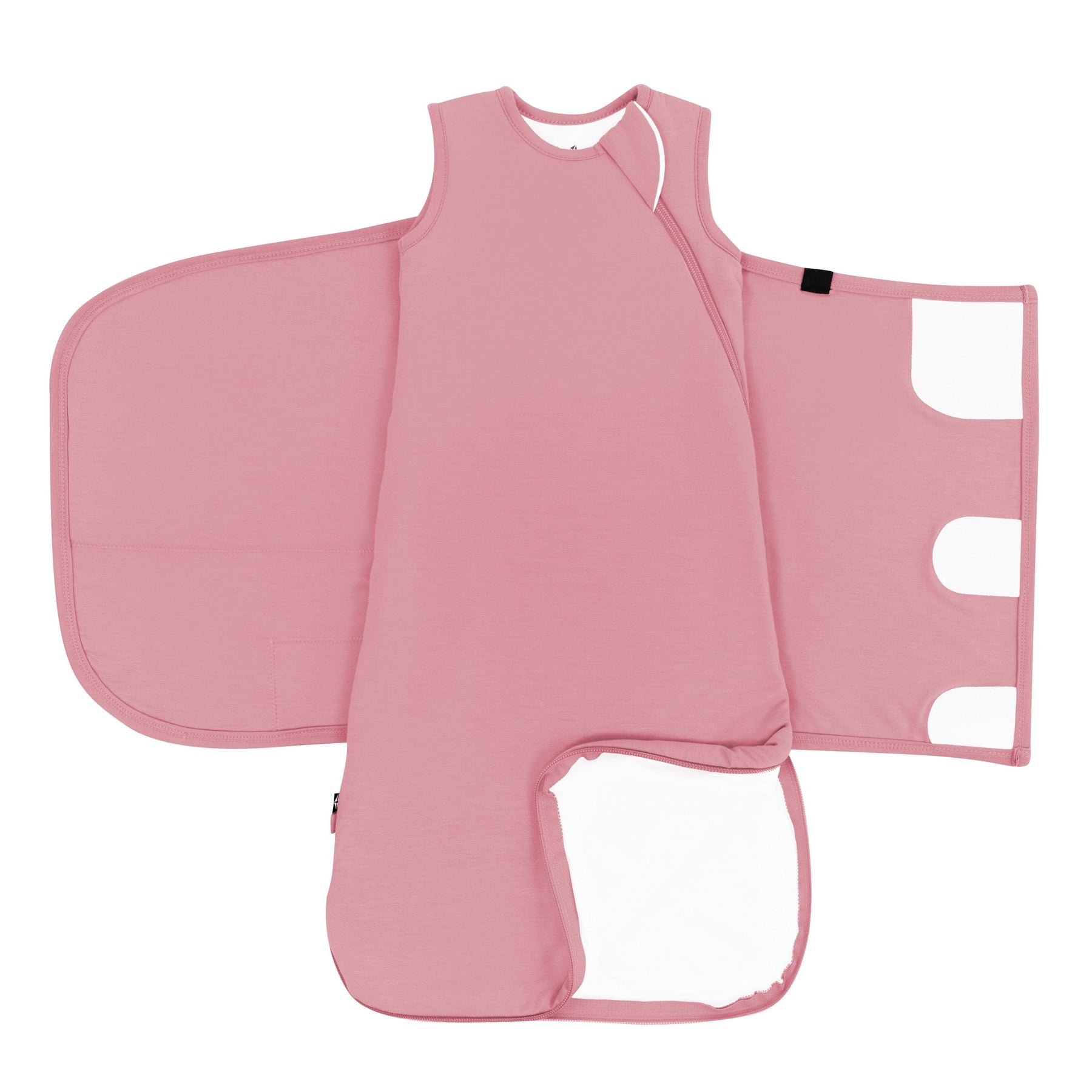 Double zipper on unswaddled Kyte Baby Sleep Bag Swaddler in Apple Blossom