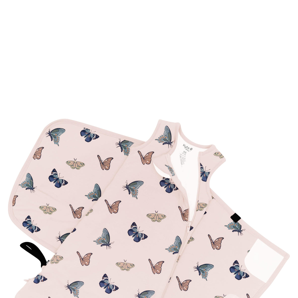 Sleep Bag Swaddler in Blush Butterfly 1.0 shown unswaddled and top zipper unzipped