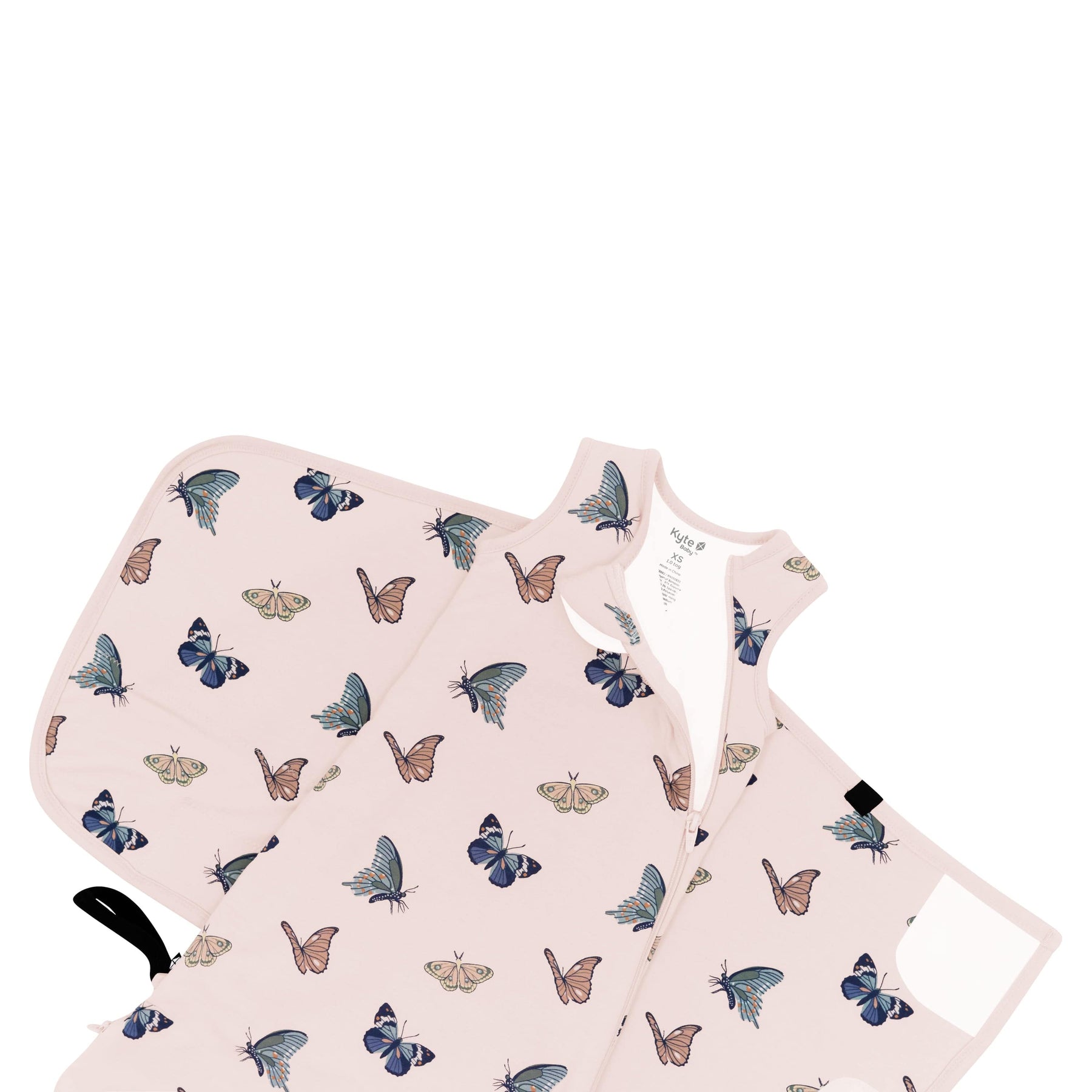 Sleep Bag Swaddler in Blush Butterfly 1.0 shown unswaddled and top zipper unzipped