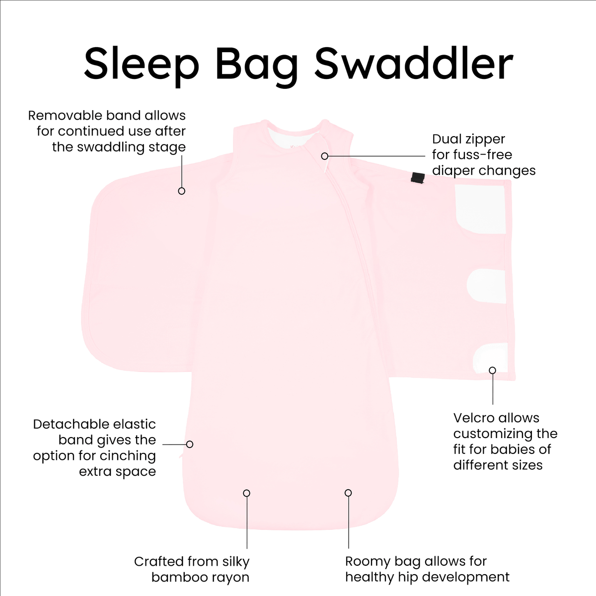 Kyte Baby Sleep Bag Swaddler in Sakura with benefits listed