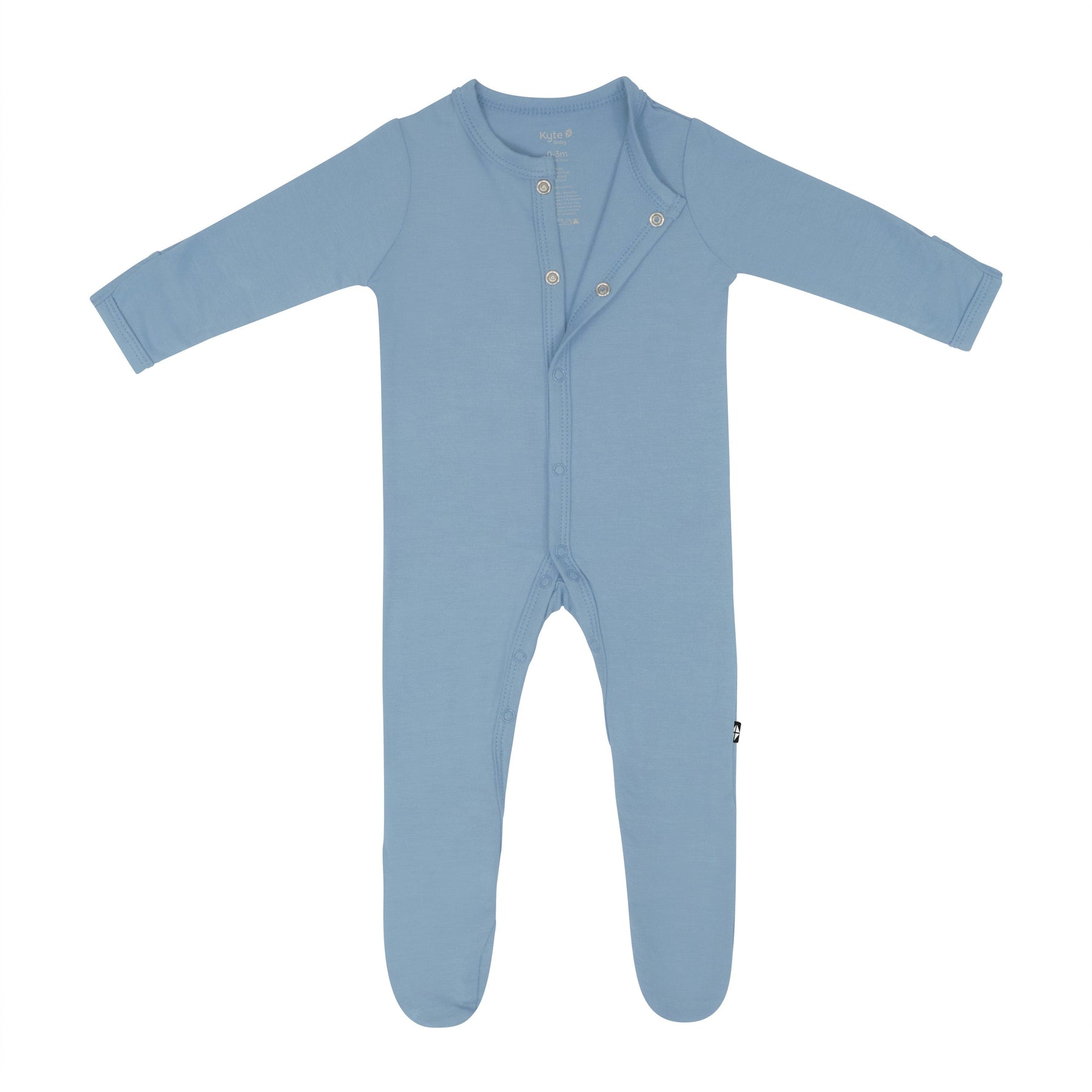 Kyte Baby Snap Footie in Slate unsnapped partially from the top 