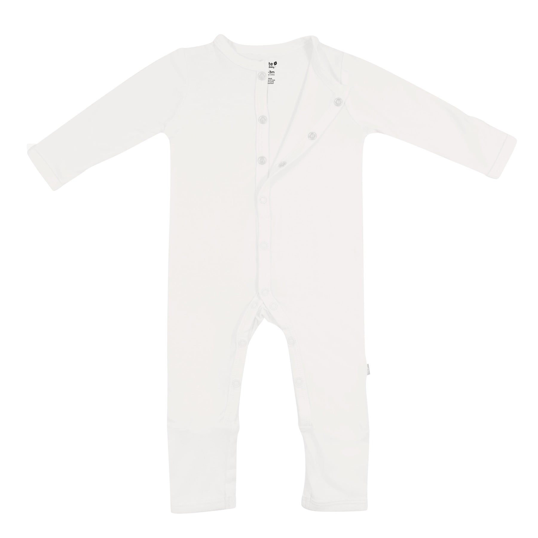 Flat lay of Kyte Baby long sleeve Romper in Cloud with top snaps opened