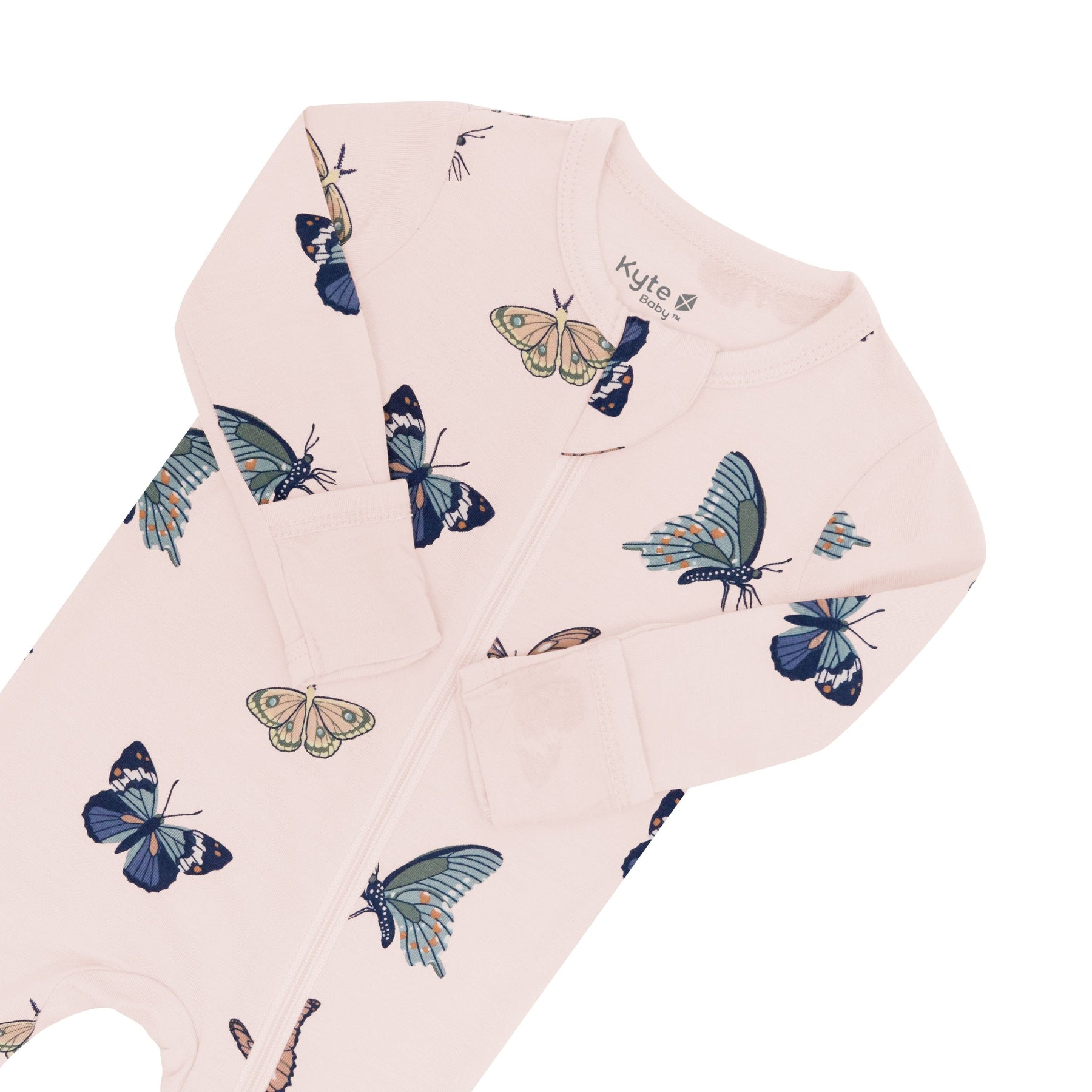 Zipper garage and fold over cuffs on the Zippered Footie in Blush Butterfly