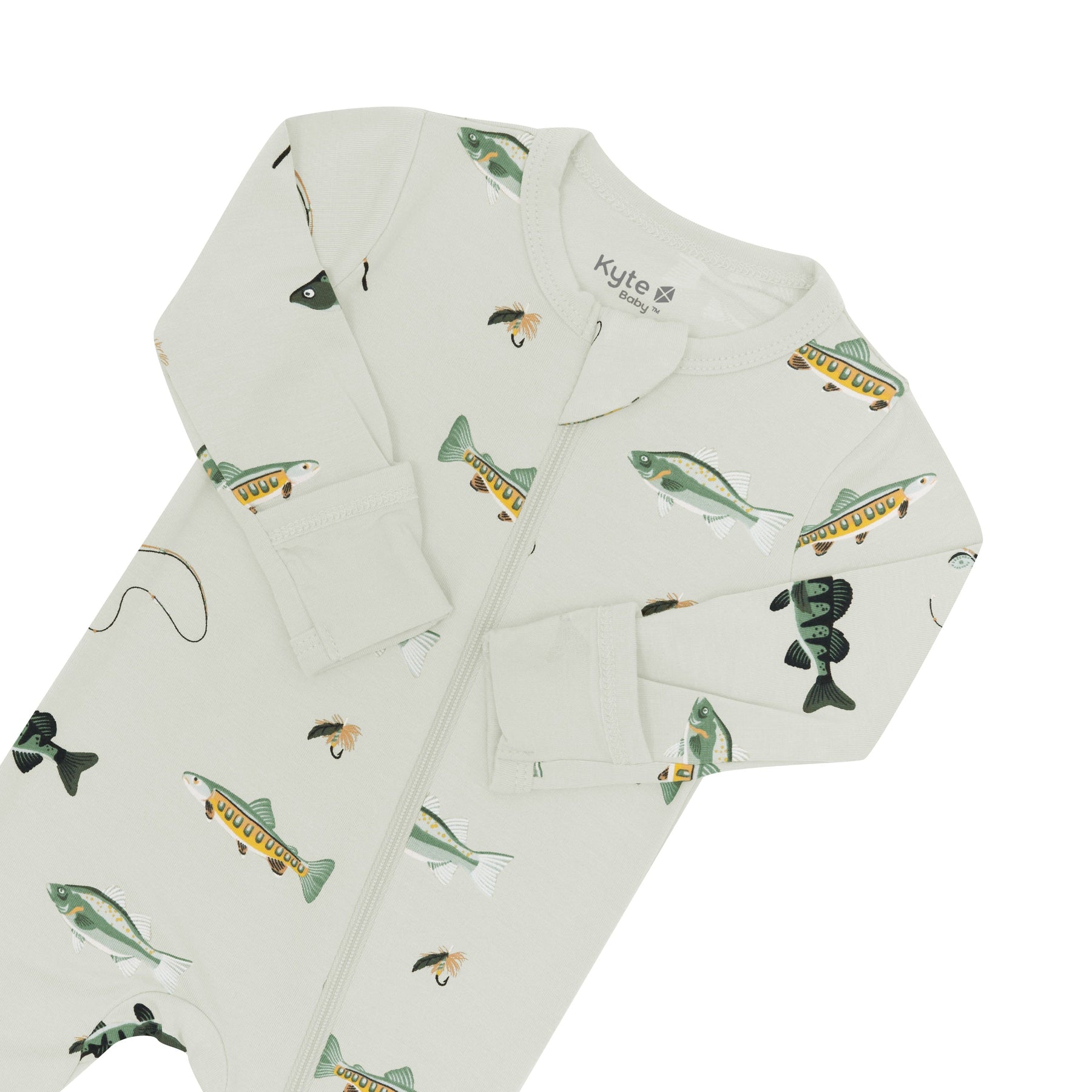Zipper garage and fold over cuffs on the Zippered Footie in Fishing