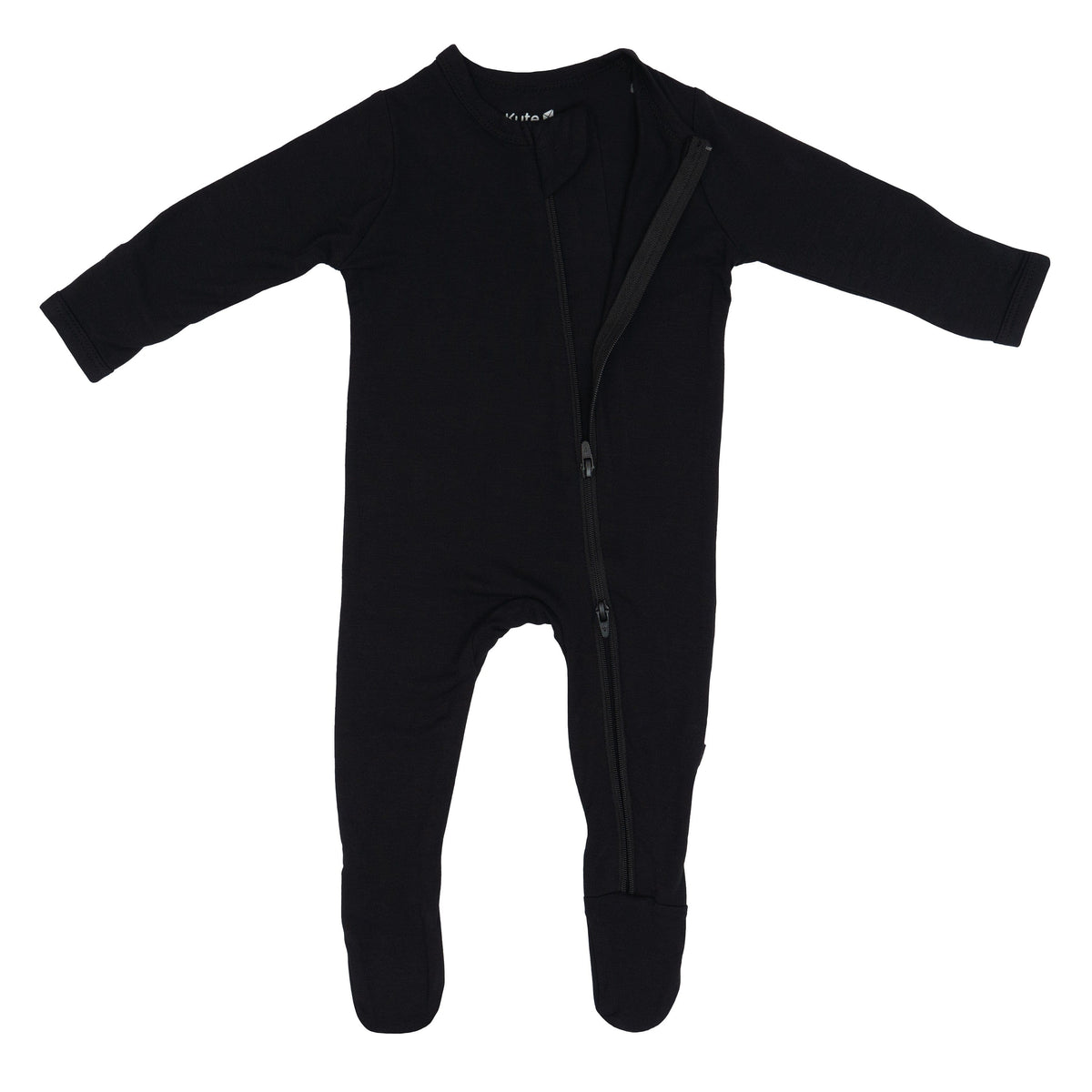 Dual zipper partially unzipped from the top on a  Zippered Footie in Midnight