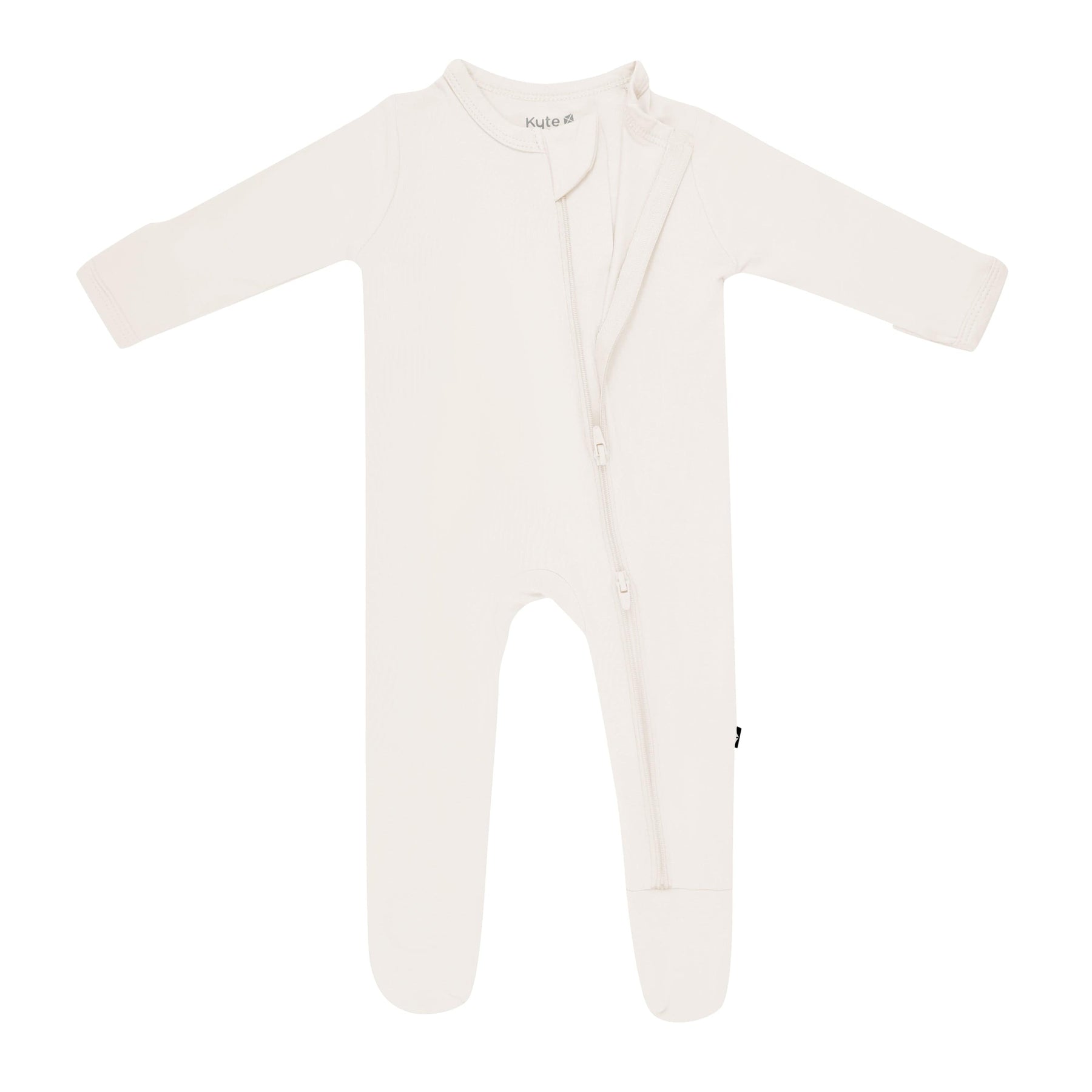 Dual zipper partially unzipped from the top on the Zippered Footie in Oat