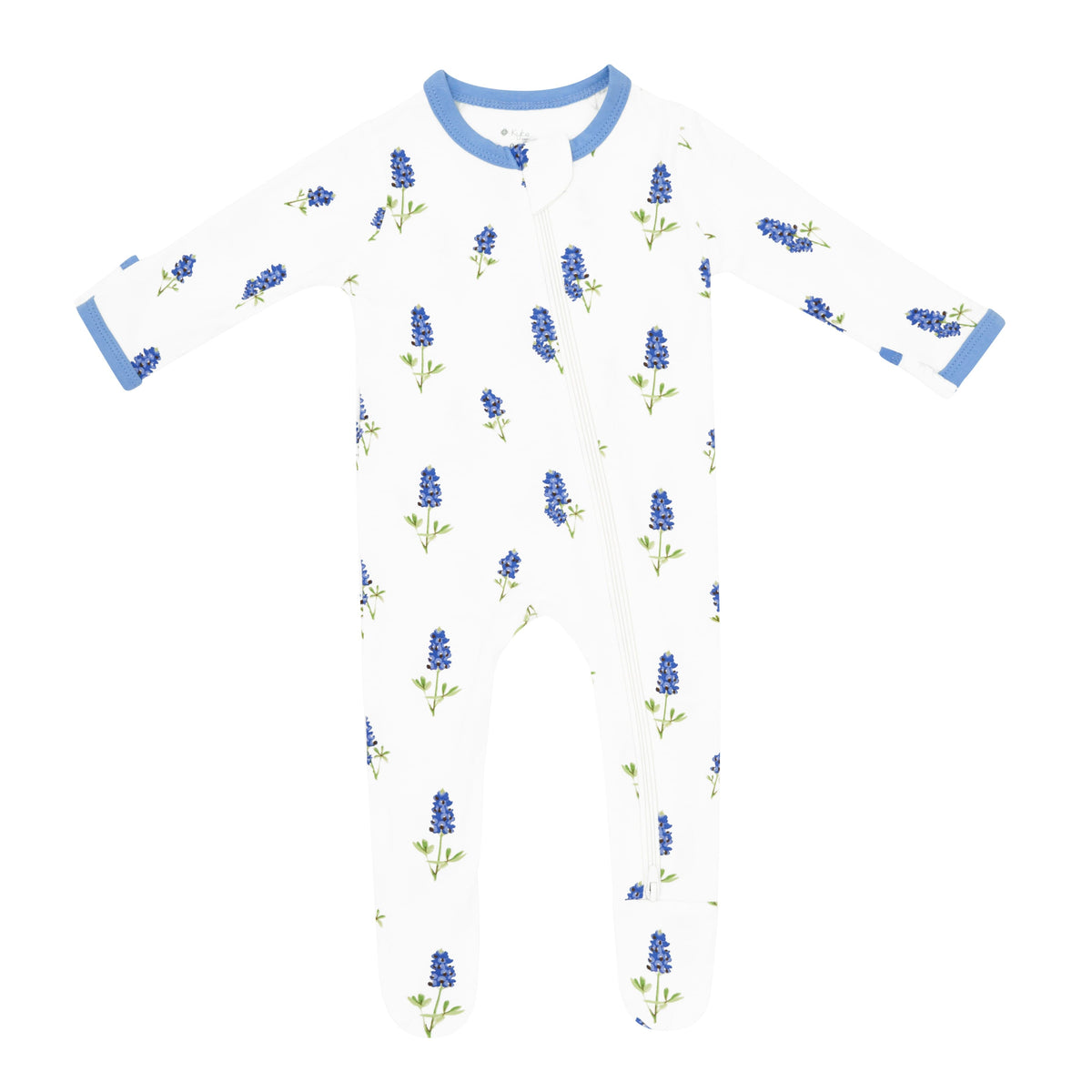 zippered footie in periwinkle bluebonnet