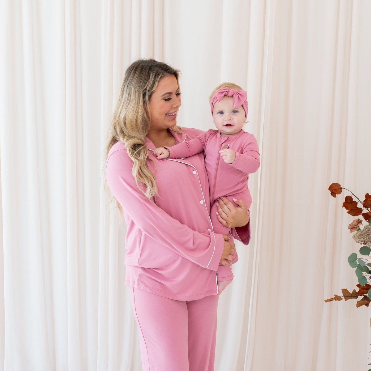 Mommy and me matching outfits on mom and daughter in pink