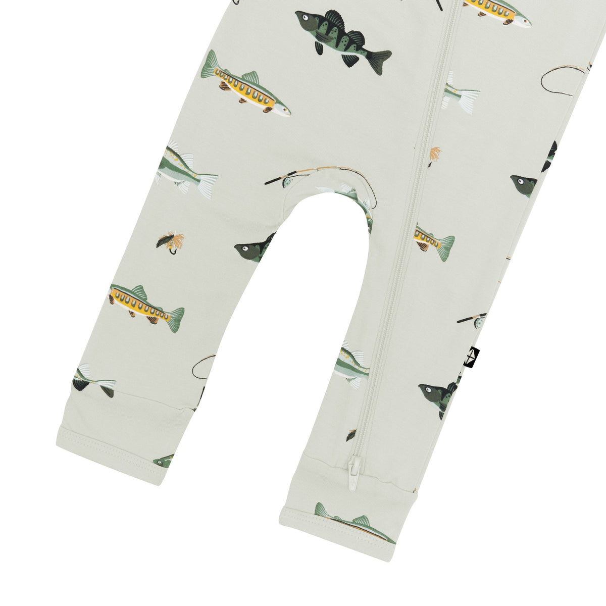 Dual zipper shown on the leg of the Zippered Romper in Fishing