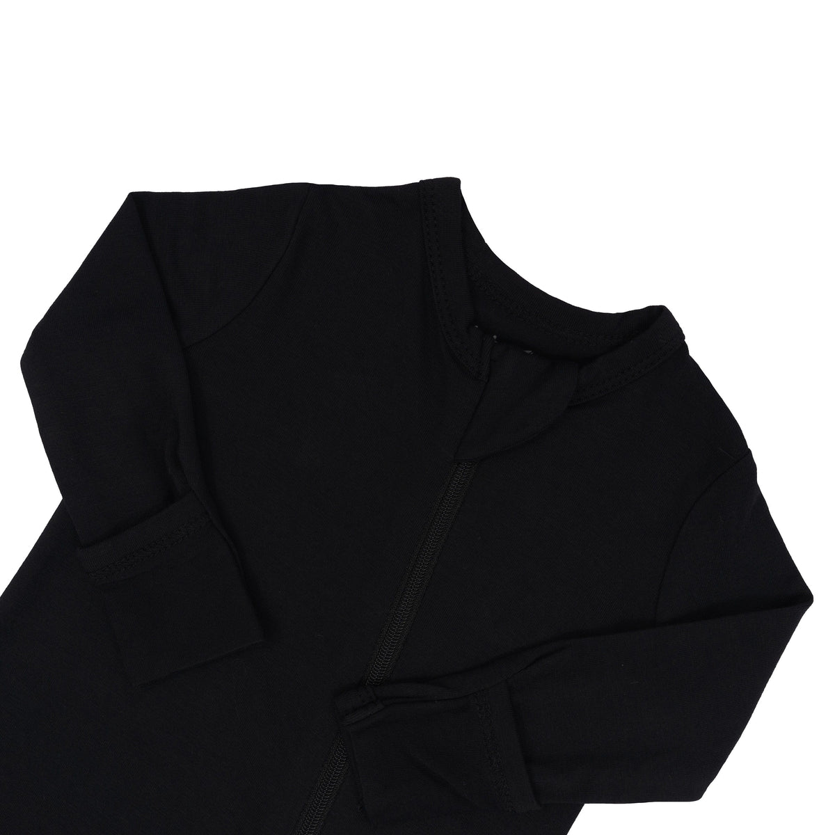 Close up of zipper garage and fold-over cuffs on  Zippered Romper in Midnight