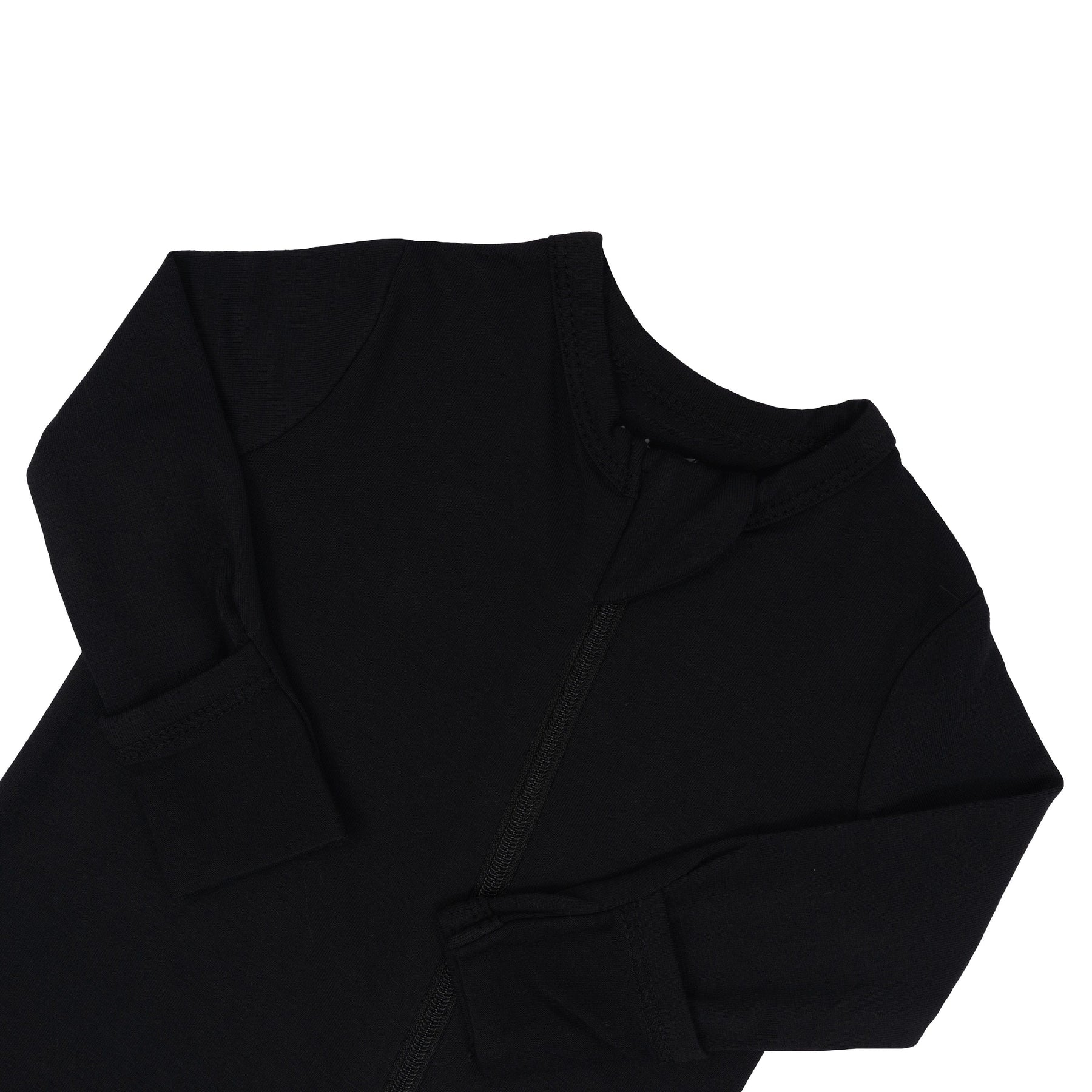 Close up of zipper garage and fold-over cuffs on  Zippered Romper in Midnight