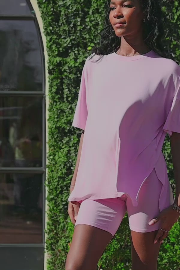 Video of female modeling the Women’s Biker Short Set in Thistle